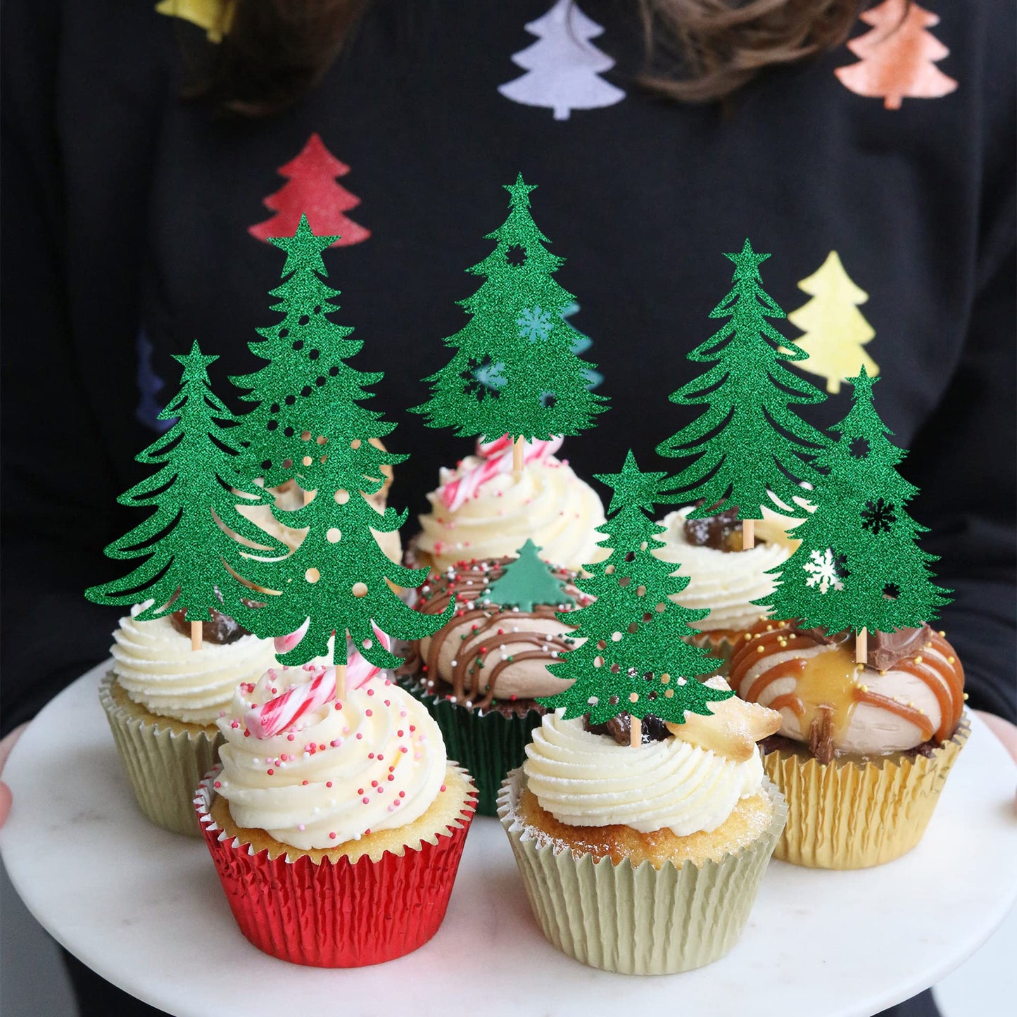 24 Pcs Christmas Tree Cupcake Toppers With Star Green Glitter Christmas Tree Cupcake Picks For Merry Christmas Theme New Year Holiday Baby Shower Kids Birthday Party Cake Decorations Supplies