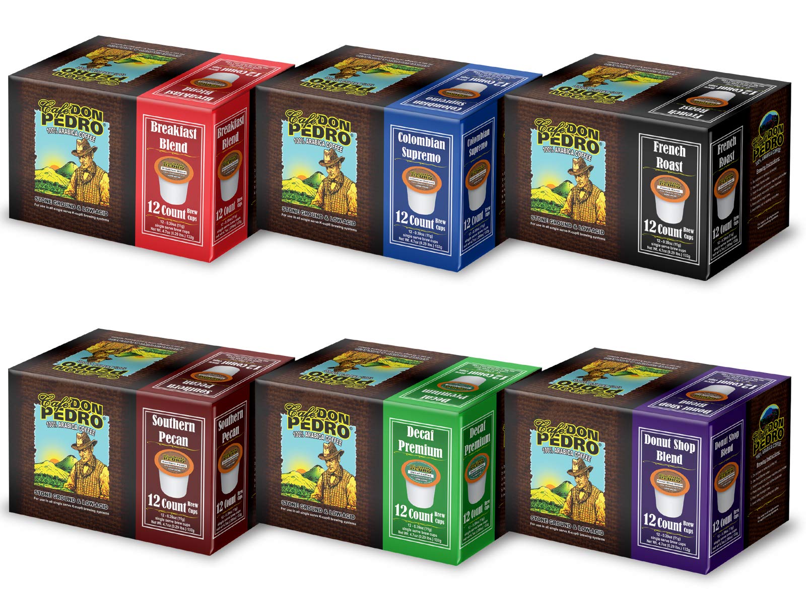 Cafe Don Pedro Low Acid Coffee Pods, Compatible with Keurig, Assortment Pack of 6 Varieties, 72 Count, 12 Cups Each