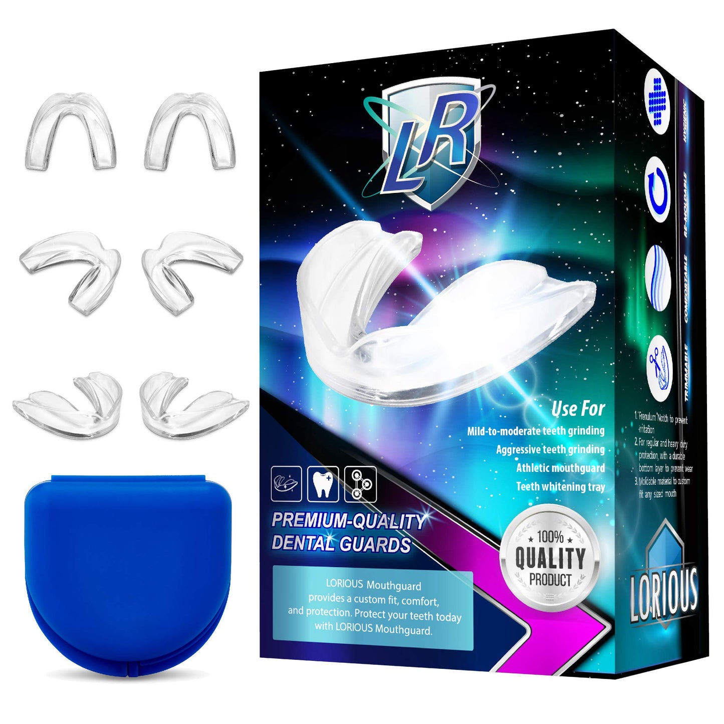 Lorious Mouthguard - One Size Fits All Premium Set Of 6 Bpa Free Moldable, Customizable And Trimmable Medical Grade Mouth Guard 
