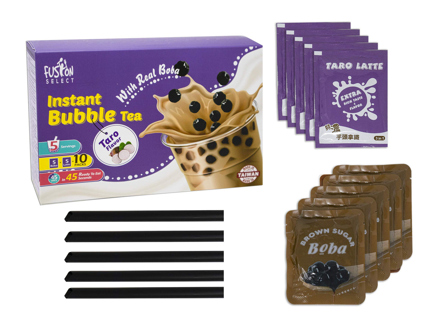 Fusion Select Authentic Brown Sugar Bubble Tea Kit Extra Rich (5 Packs) Bubble Tea Drink, Boba Tapioca Pearl, Straws, Most Popul