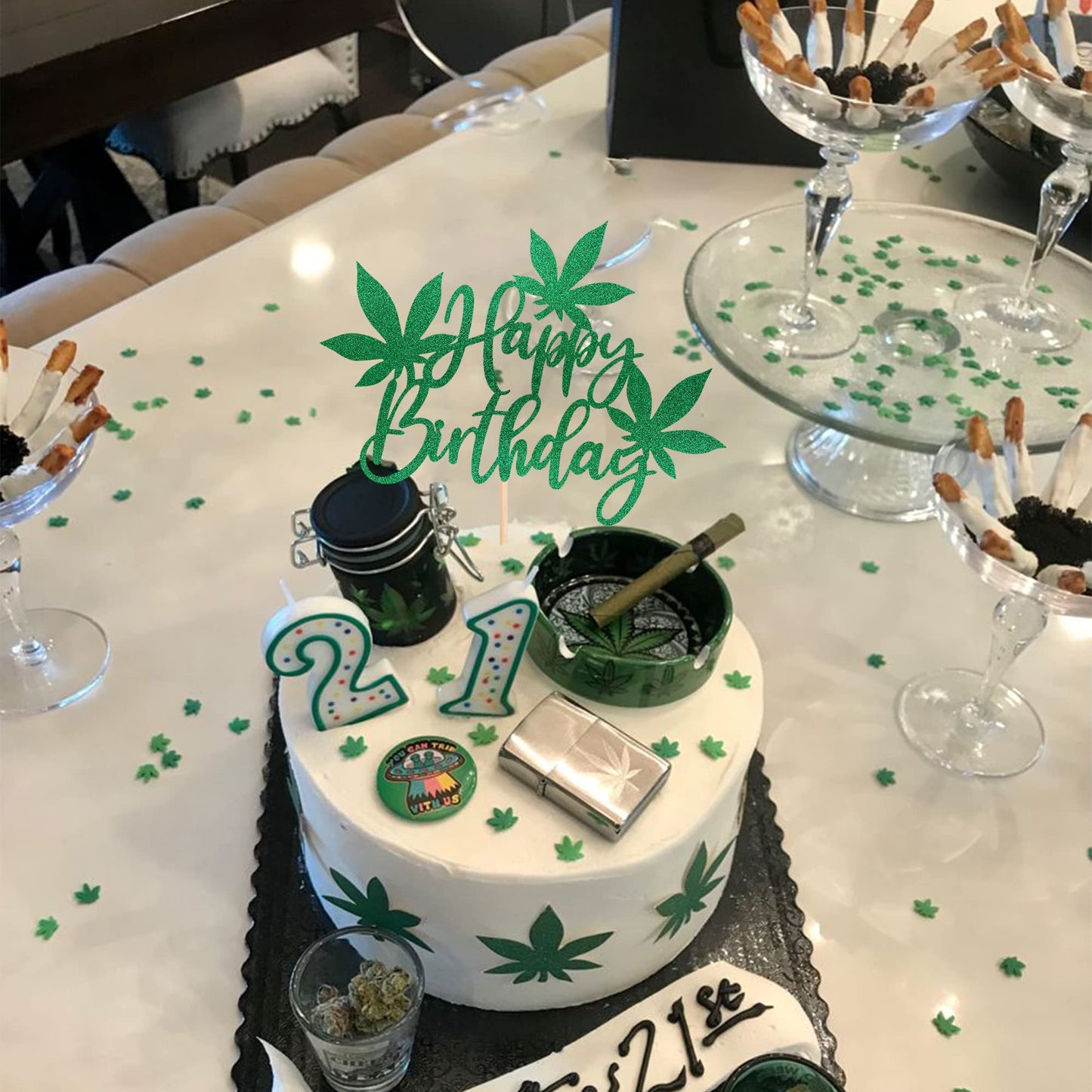 ZHUOWEISM Happy Birthday Cake Topper - Green Glitter Pot   Leaves, Small, Design 5