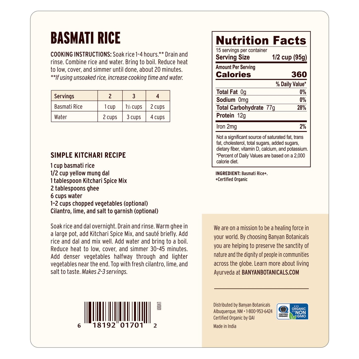 Banyan Botanicals White Basmati Rice - Organic & Pure Basmati Rice for Cooking Healthy Meals and Making Kitchari - With Resealab