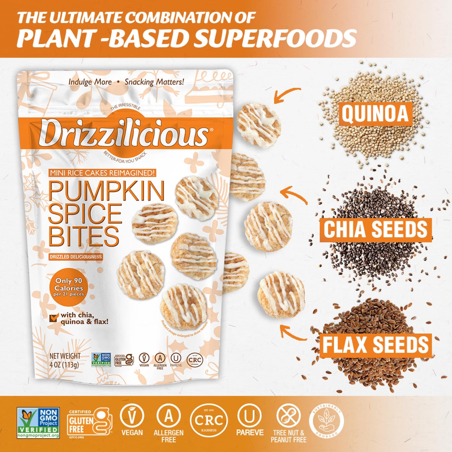 Drizzilicious Mini Rice Cakes - Rice Crisps, Healthy Snack For Mature-Themeds And Kids, Flavored Rice Cakes, Vegan, Gluten Free, Only 90 Calories Per Serving - Pumpkin Spice, 4 Oz (Pack Of 2)