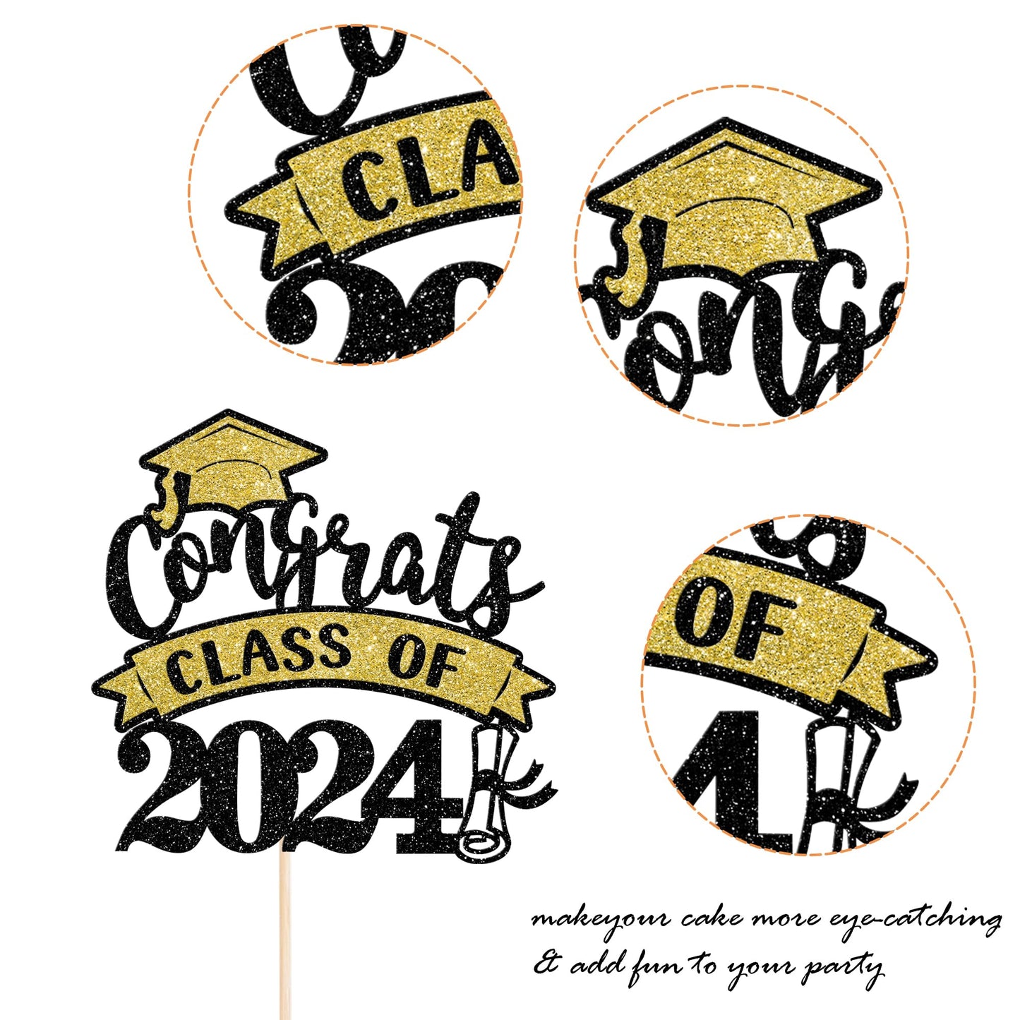 YCTHUNFISH Graduation Cake Topper, Gold Black Glitter, Class of 2024, Small, Bamboo Material
