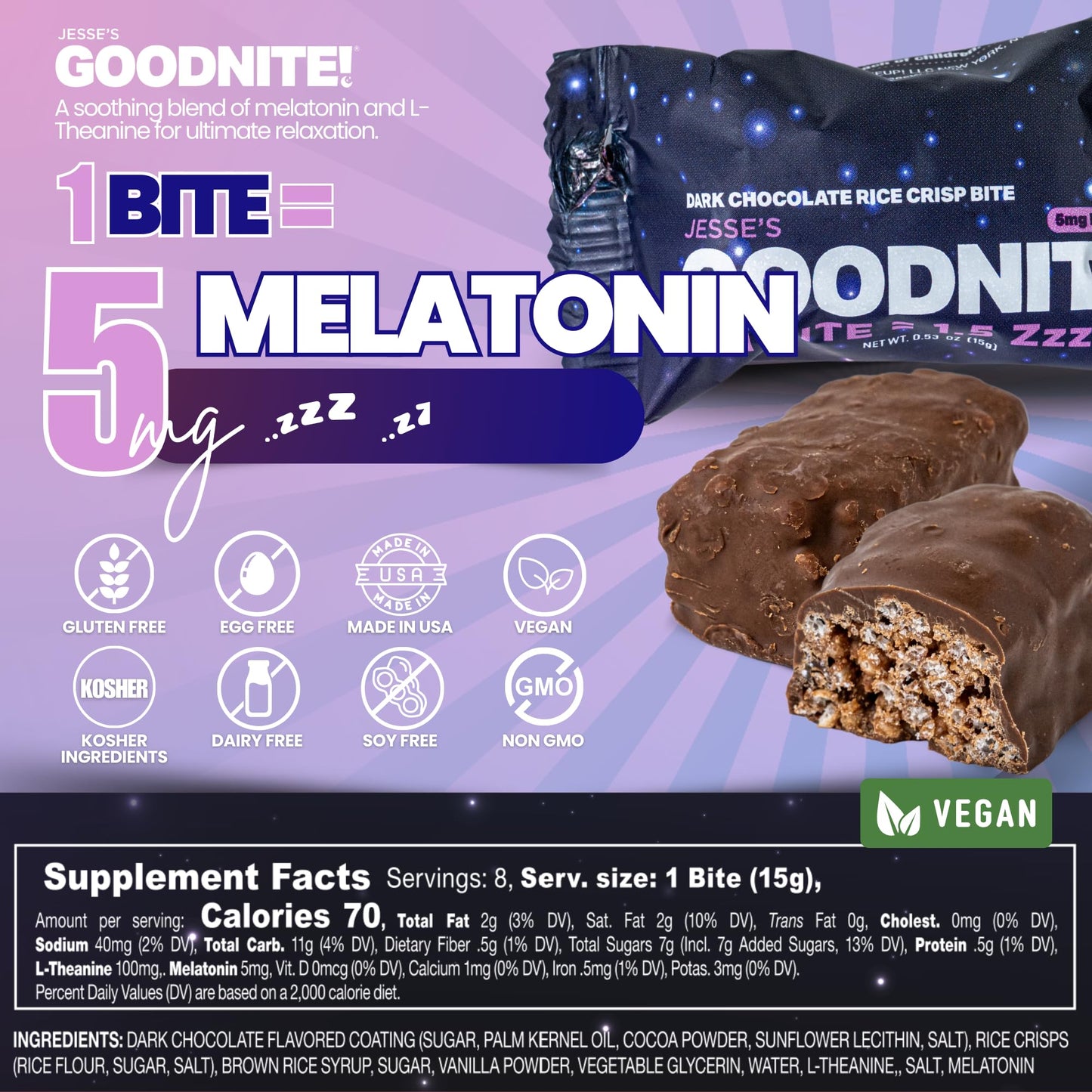 Jesses WakeUP! GOODNITE! Sleep Bites – Vegan Dark Chocolate Protein Snack with 5mg Melatonin – 8 Pack