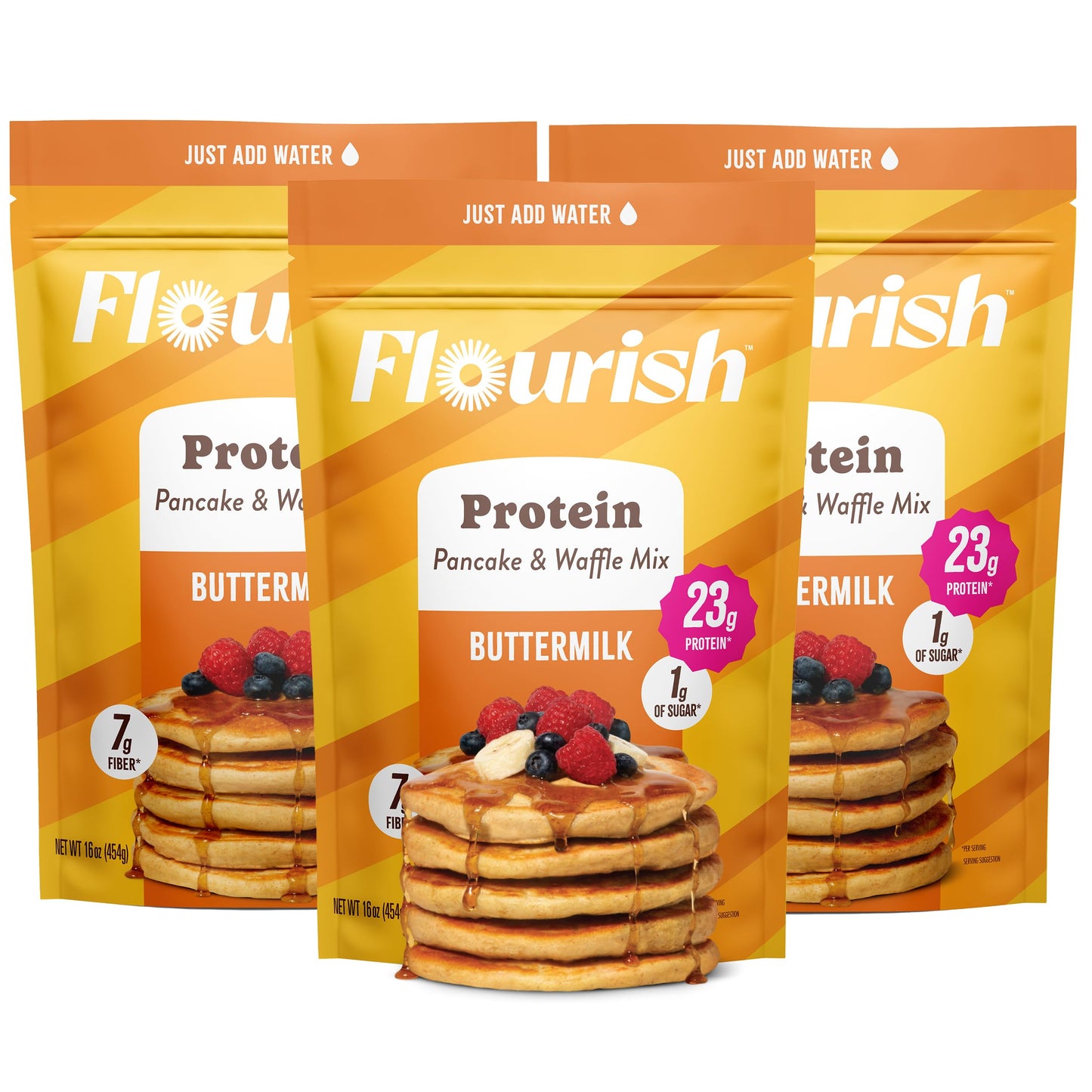 Flourish Protein Pancake & Waffle Mix, with Whey Protein & Flax Seed, No Added Sugar, High in Protein & Fiber - Just Add Water -