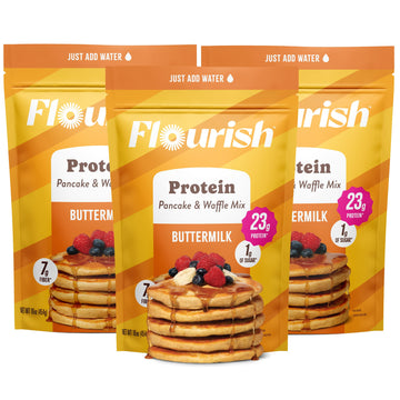 Flourish Protein Pancake & Waffle Mix, with Whey Protein & Flax Seed, No Added Sugar, High in Protein & Fiber - Just Add Water -
