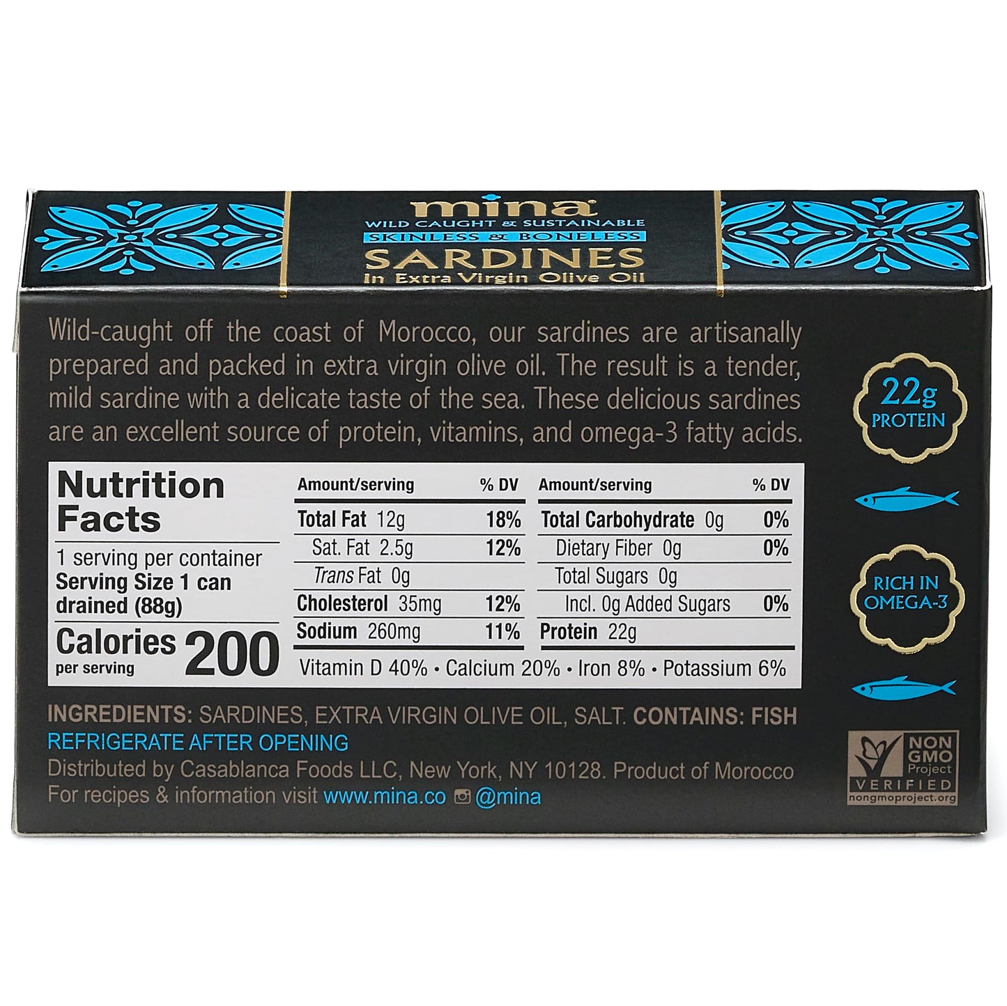 Mina Sardines, Skinless & Boneless Sardines In Extra Virgin Olive Oil, 4.4 Ounce Wild Caught Sardines, Packed By Hand, Low Sodium, High In Protein, Keto, Paleo, Sardines In Olive Oil (Pack Of 12)