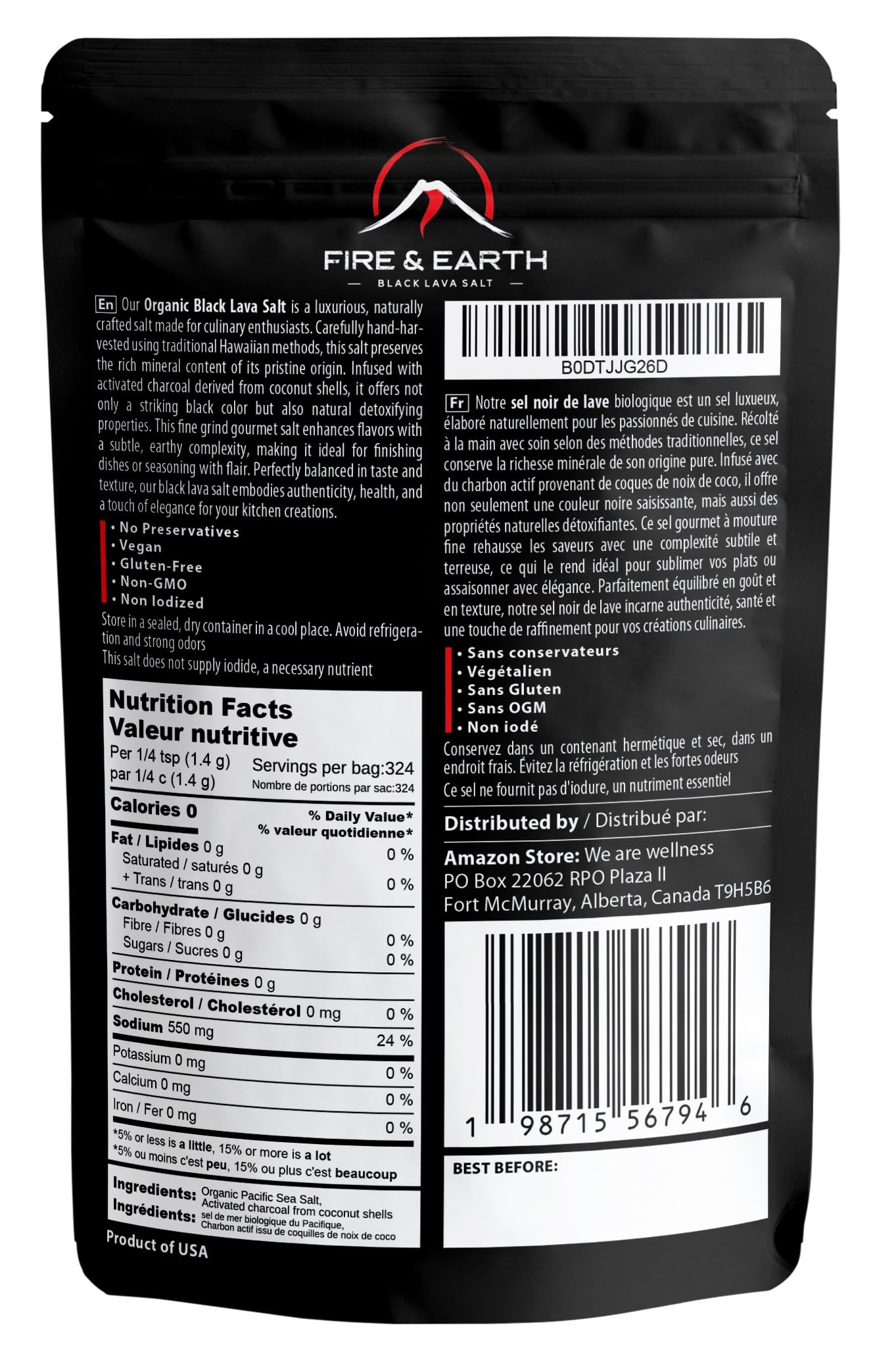 Fire & Earth Organic Black Lava Salt, Fine Grain, 16 Ounce, Gourmet Finishing Salt for Cooking and Seasoning