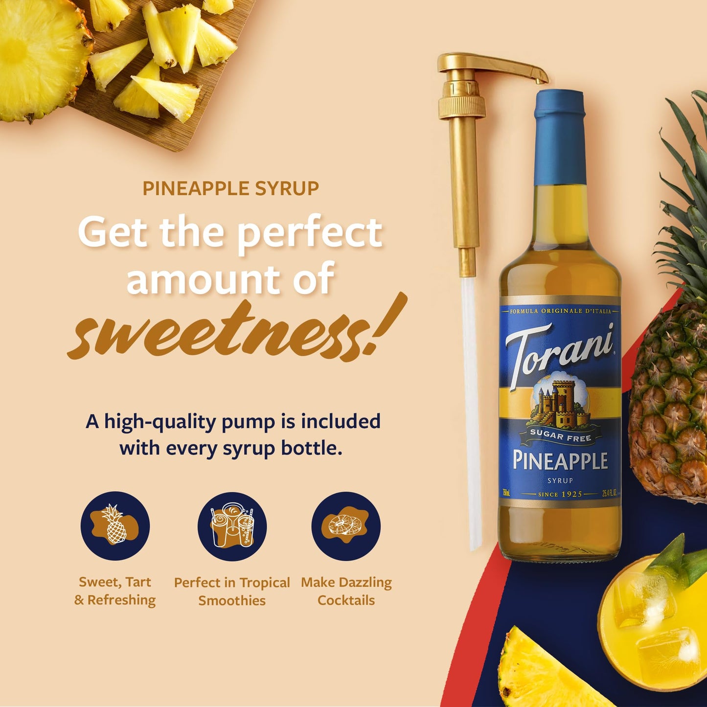 Torani Sugar Free Syrup, Pineapple Flavored Syrup For Drinks, Zero Calorie, Glass Bottle With Pump Included, 25.4 Fl Oz