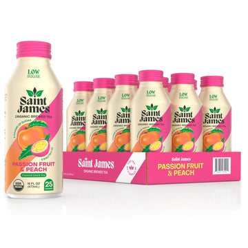 Saint James Iced Tea - Organic Green Tea - Non GMO, Gluten Free, Low Calorie & Low Sugar - Passion Fruit & Peach, 12 Pack (16 fl