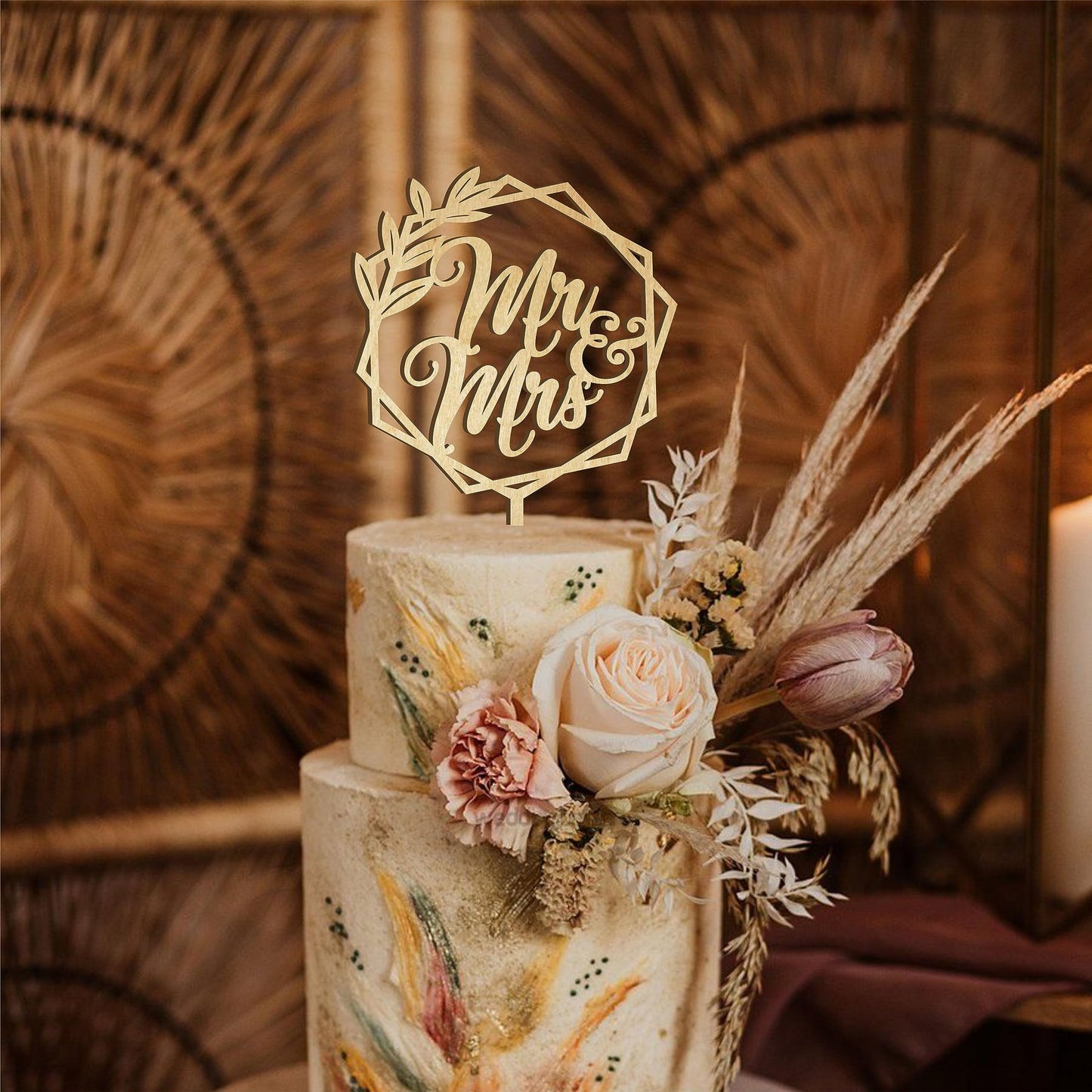 Happyplywood Mr And Mrs Wedding Cake Toppers Bride Groom Cake Topper For Wedding Wooden Wreath Rustic Hexagon Funny Decoration M