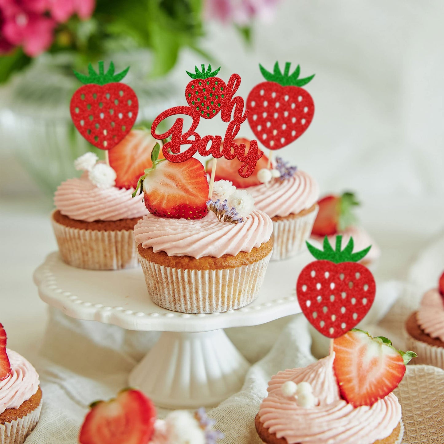 24Pcs Strawberry Oh Baby Cupcake Toppers Glitter Fruit Theme Babyshower Strawberry Cupcake Picks For Gender Reveal Baby Shower K