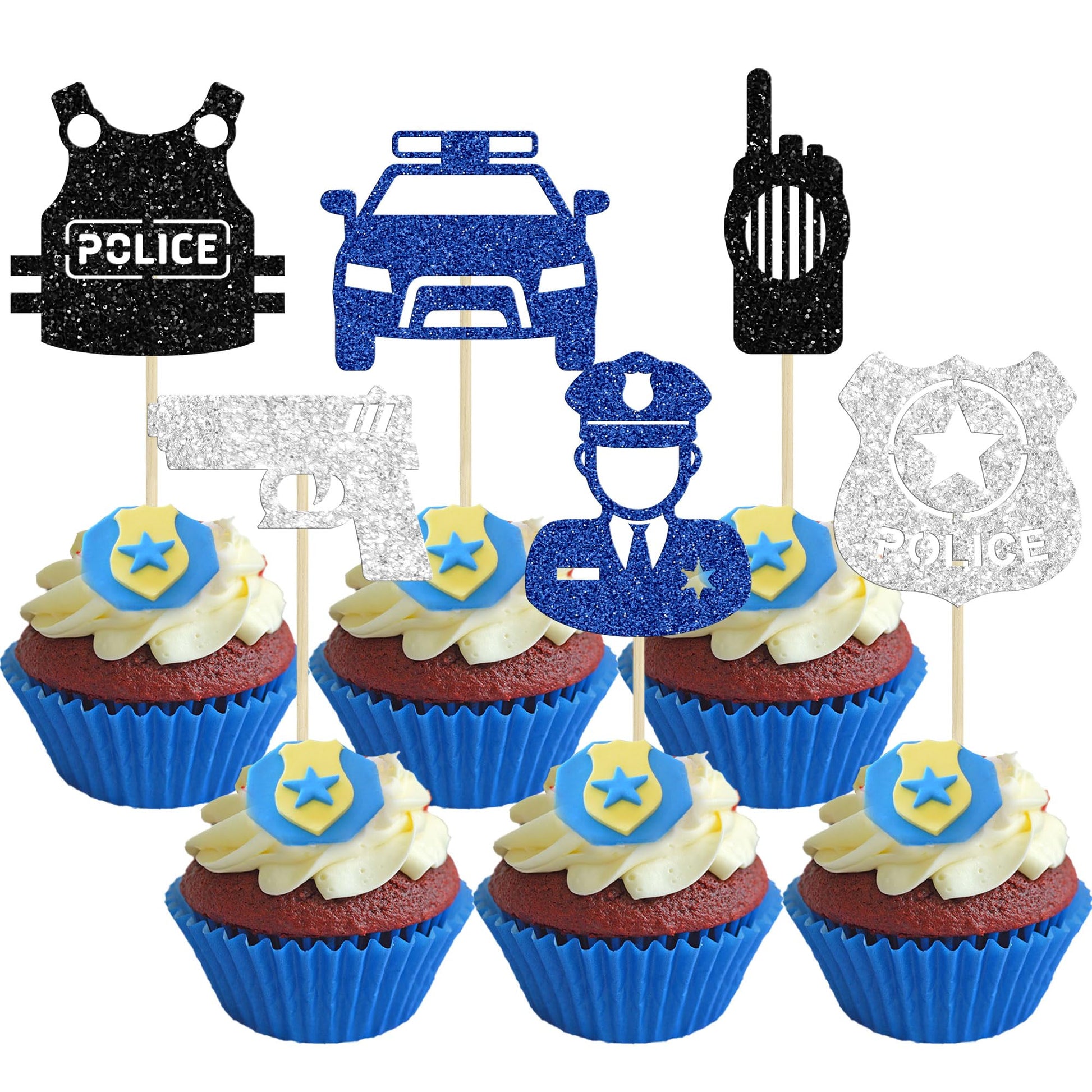 Gyufise 24Pcs Police Cupcake Toppers Glitter Policeman Police Officer Cupcake Picks Police Cake Decorations For Police Emblem Th