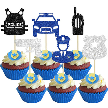 Gyufise 24Pcs Police Cupcake Toppers Glitter Policeman Police Officer Cupcake Picks Police Cake Decorations For Police Emblem Th