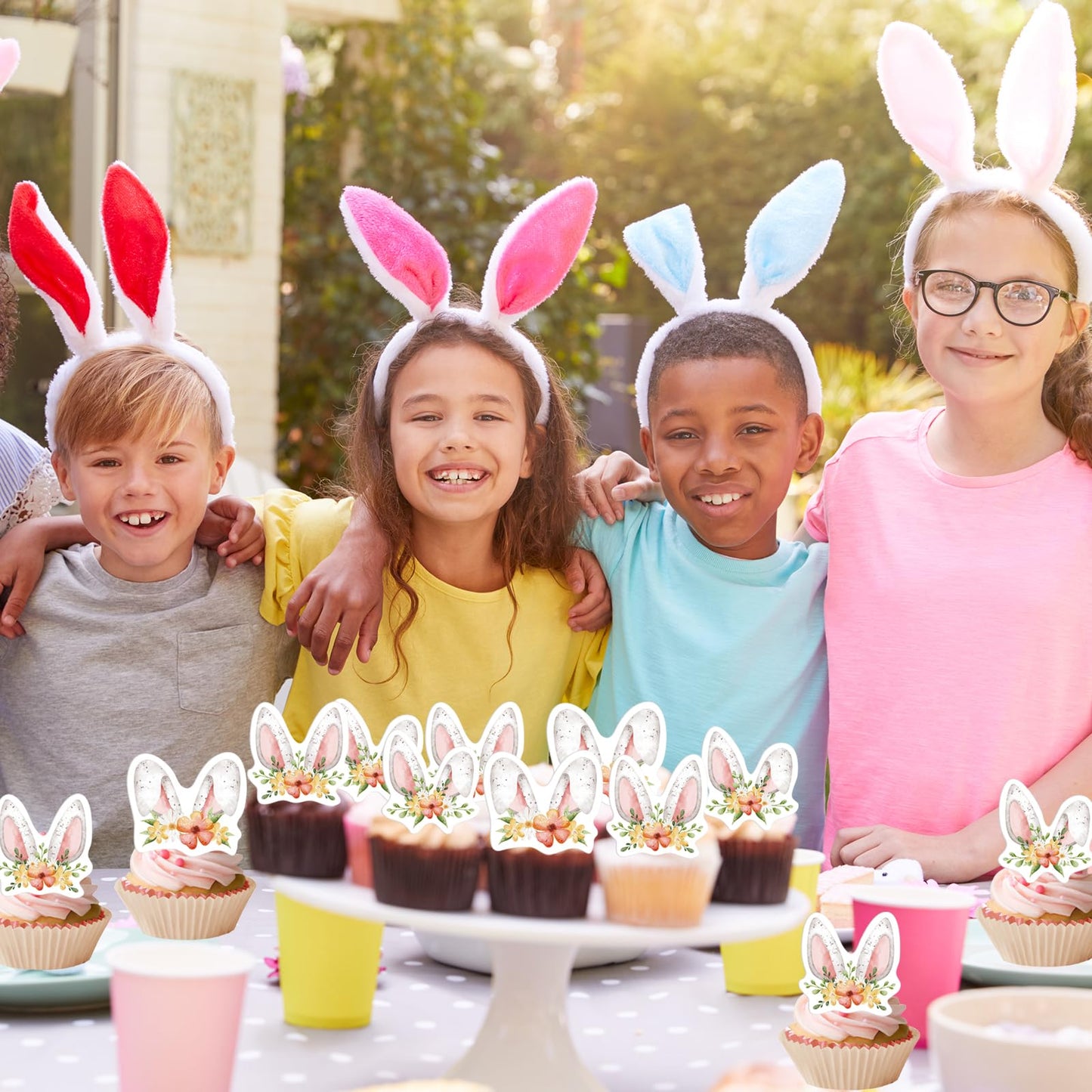 24Pcs Edible Floral Easter Bunny Ear Cupcake Toppers Edible Rabbit Ears Cupcake Picks Wafer Paper Easter Day Cake Toppers For Ea