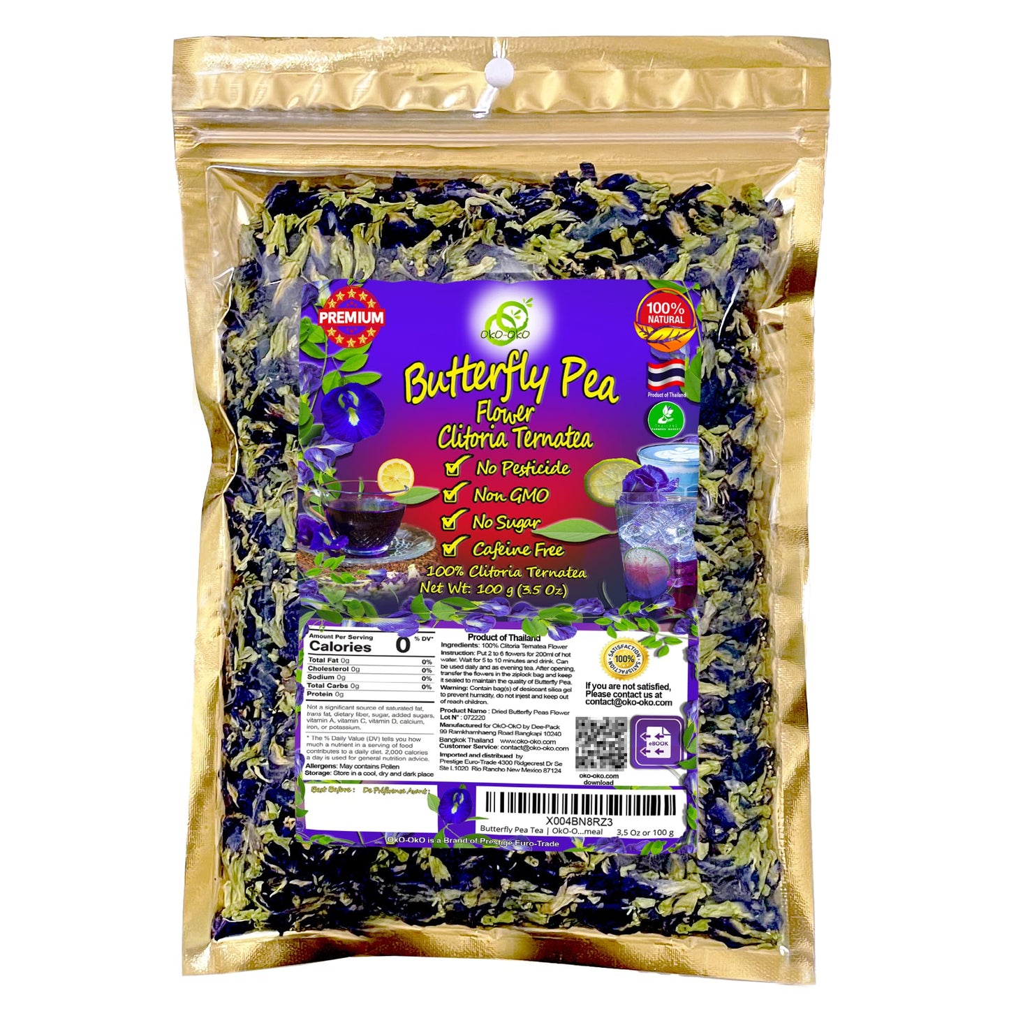 oko-oko Butterfly Pea Tea - Premium Whole Dried Flower - 3.5 Oz - Kraft Resealable Bag