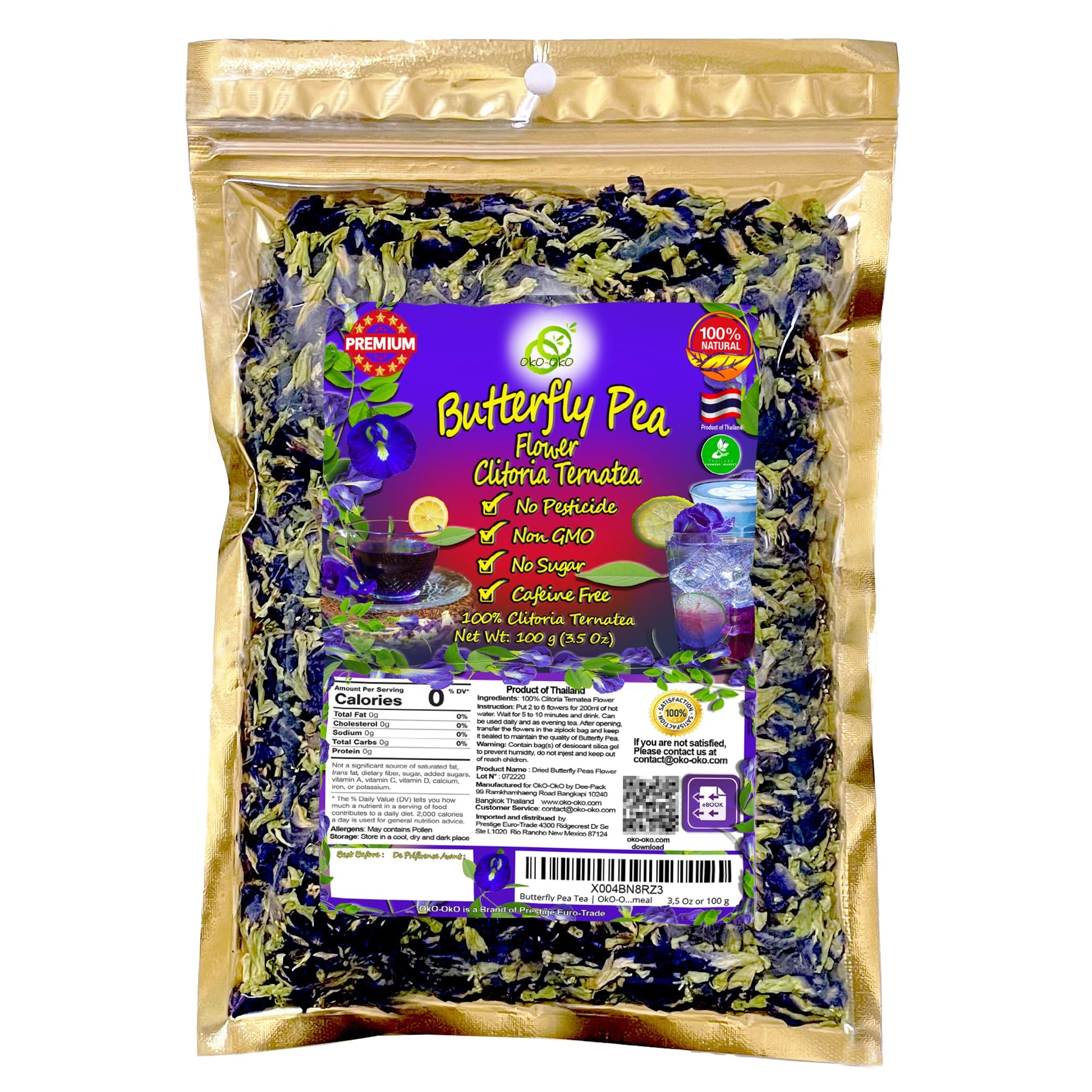 oko-oko Butterfly Pea Tea - Premium Whole Dried Flower - 3.5 Oz - Kraft Resealable Bag