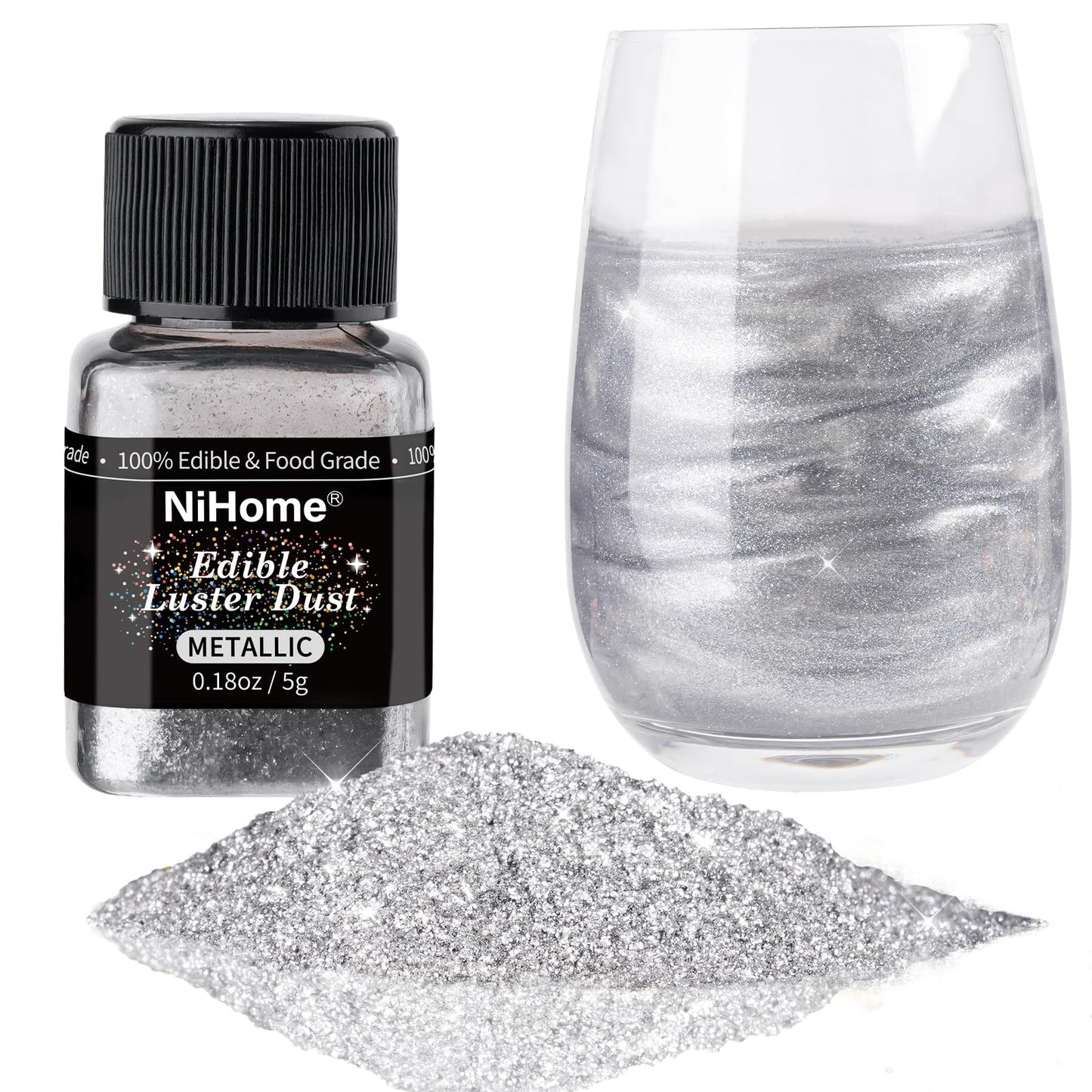 NiHome Edible Glitter Powder - Luster Dust for Food Decorating, 5g, Silver, Vegan, Allergen-Free