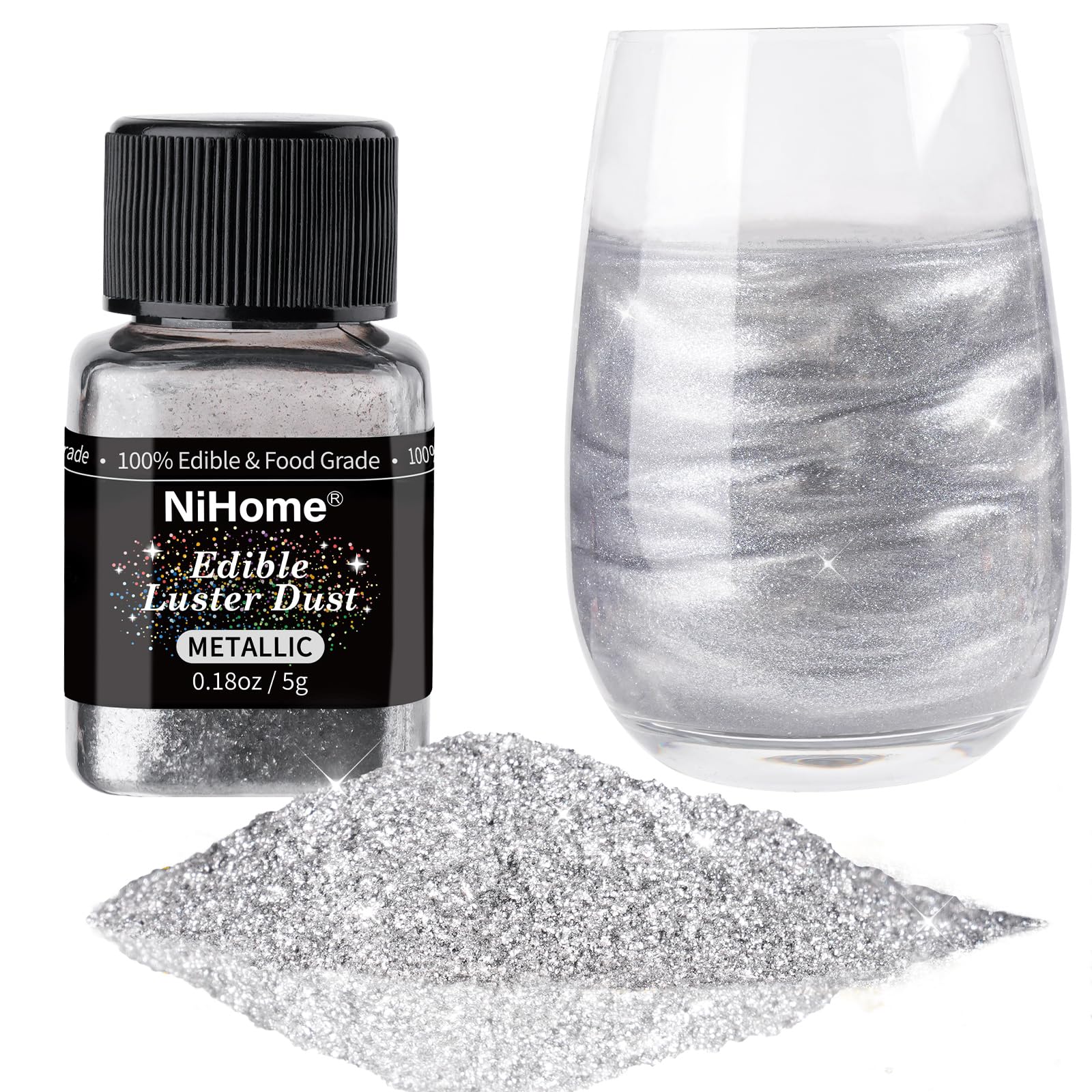 NiHome Edible Glitter Powder - Luster Dust for Food Decorating, 5g, Silver, Vegan, Allergen-Free
