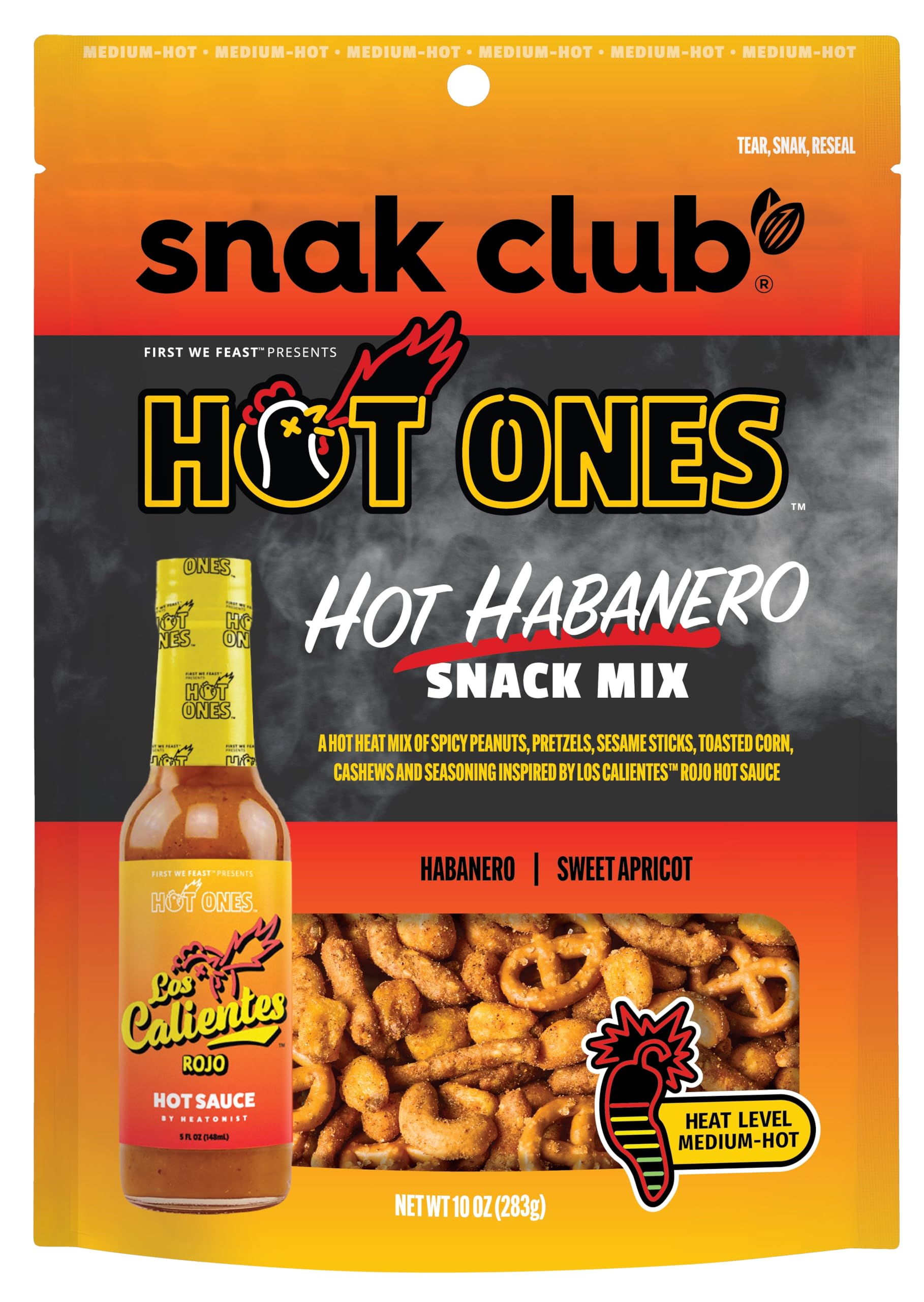 Snak Club Hot Habanero Snack Mix, Spicy Peanuts, Pretzels, Sesame Sticks & Cashews, 10 oz Bag