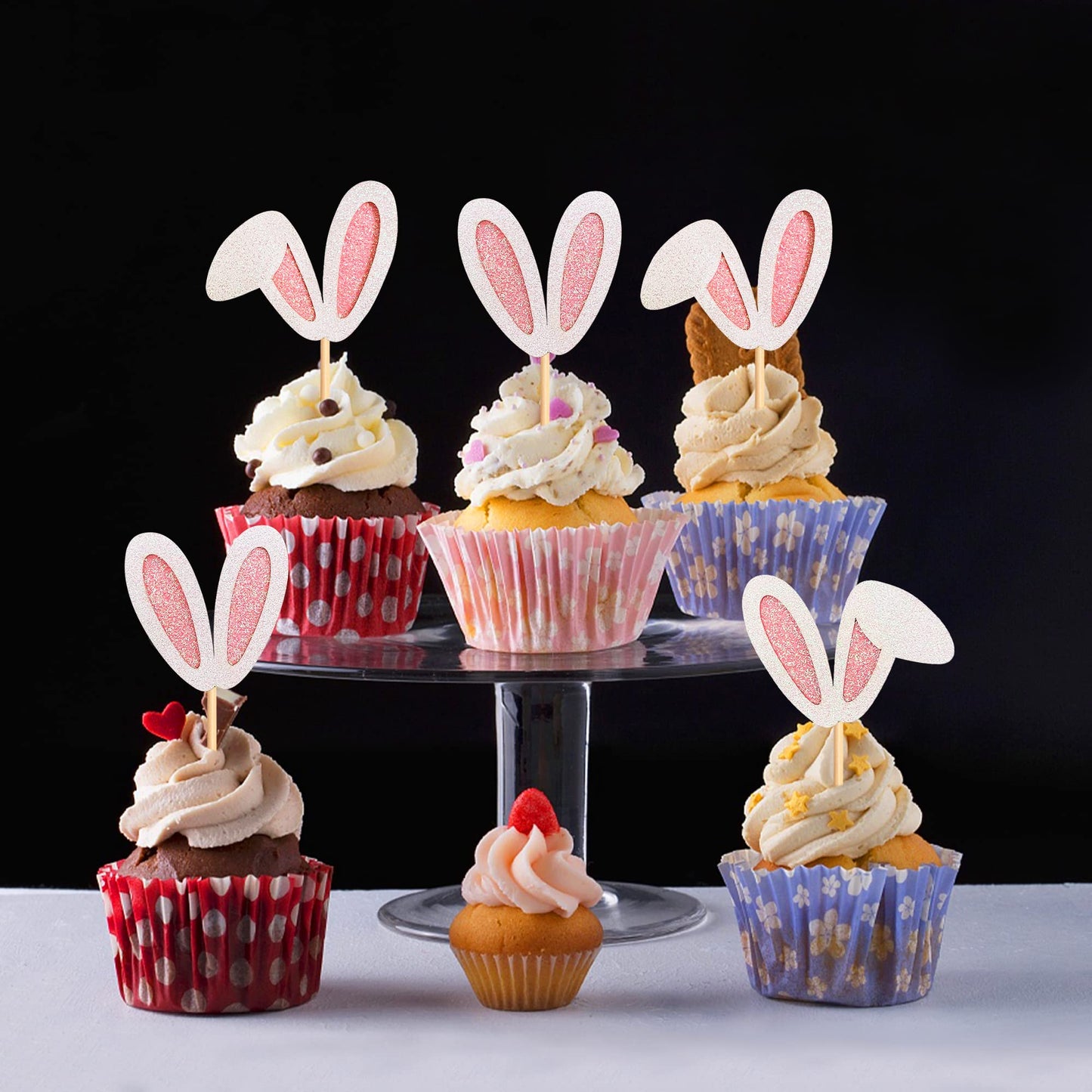 Ercadio 24 Pack Easter Bunny Ear Cupcake Toppers, Glitter Rabbit Ears Cupcake Picks, Easter Day Cake Toppers For Easter Theme Sp