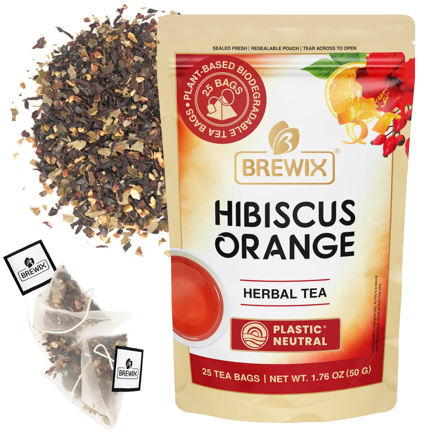 BREWIX Hibiscus Orange Tea Bags - Caffeine-Free Herbal Tea, 25 Plant-Based Bags