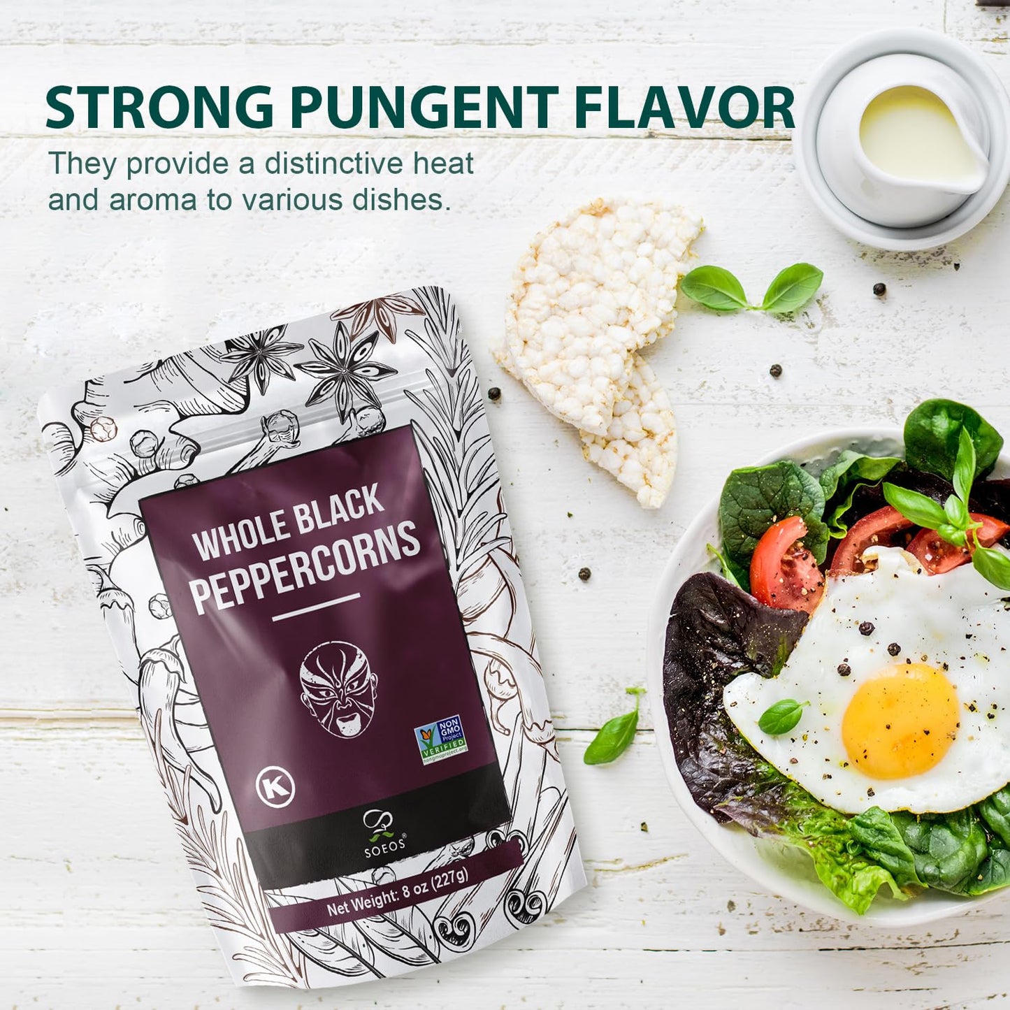 Soeos Black Peppercorns, 8oz (Pack of 1), Non-GMO, Kosher, Packed to Keep Peppers Fresh, Peppercorn for Grinder Refill, Whole Pe