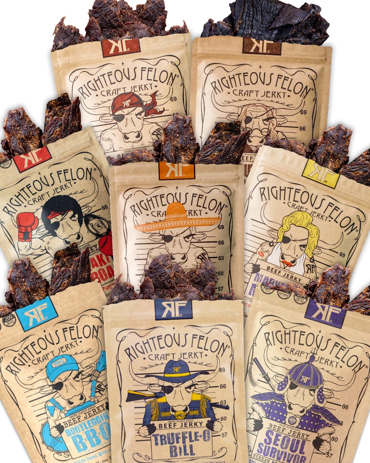 Righteous Felon Beef Jerky Variety Pack | Gluten Free, High Protein, Keto-Friendly | 2 Ounce (Pack of 8)