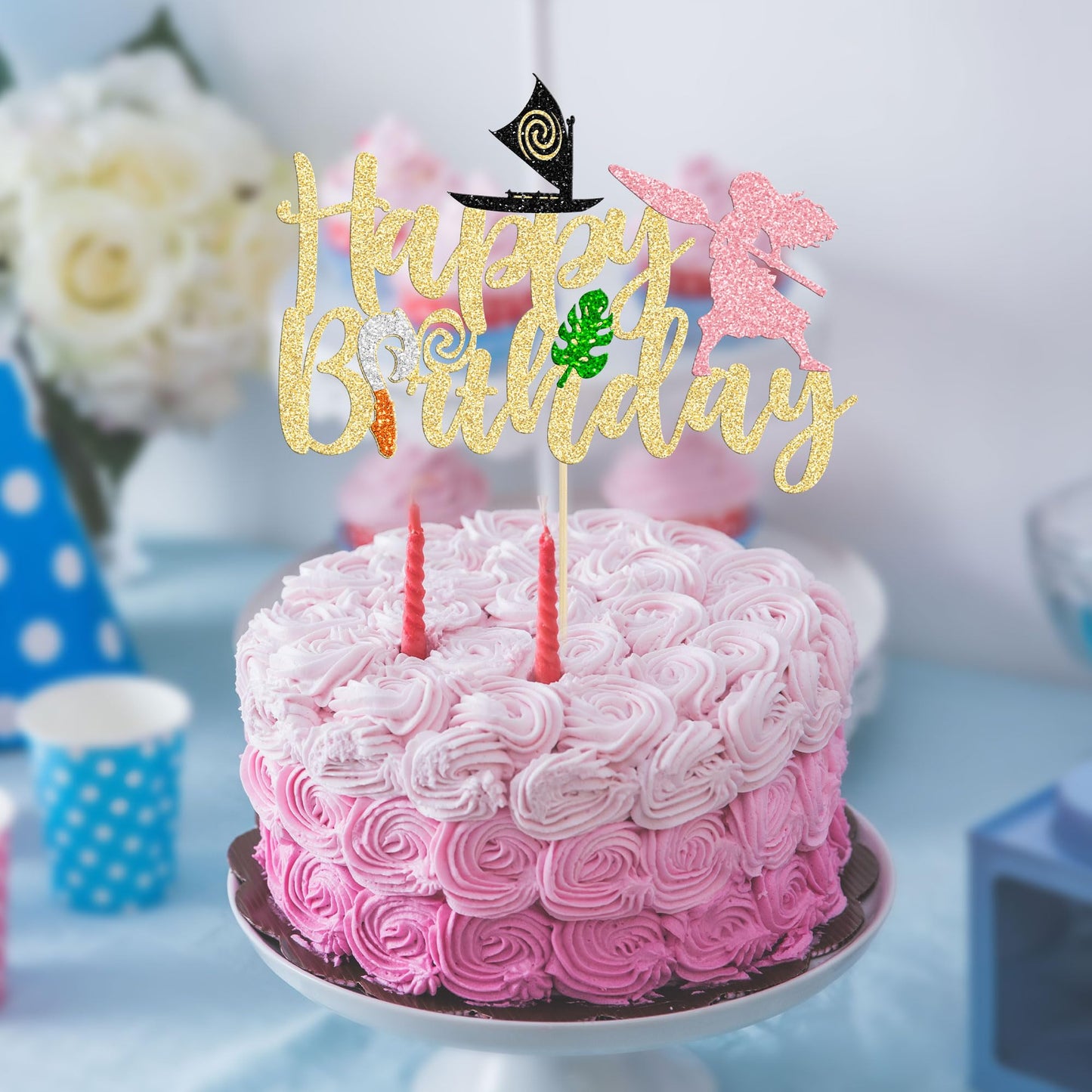 1Pc Moa Inspired Cake Topper Black Glitter Palm Leaf Flower Happy Birthday Cake Pick Decoration For Tropical Hawaiian Luau Theme