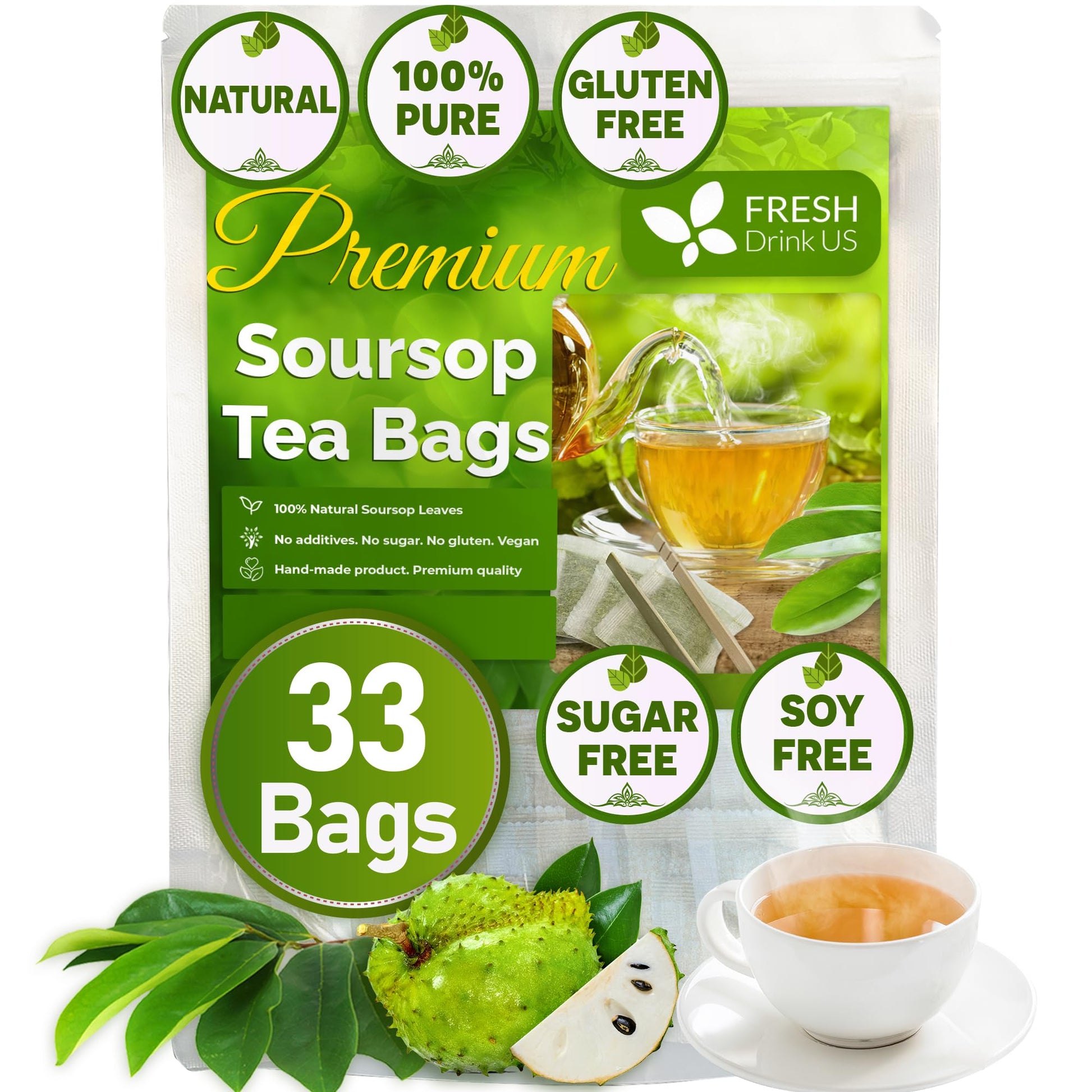 FRESHDRINKUS Soursop Graviola Leaf Tea Bags, 100% Natural, Vegan, 33 Tea Bags
