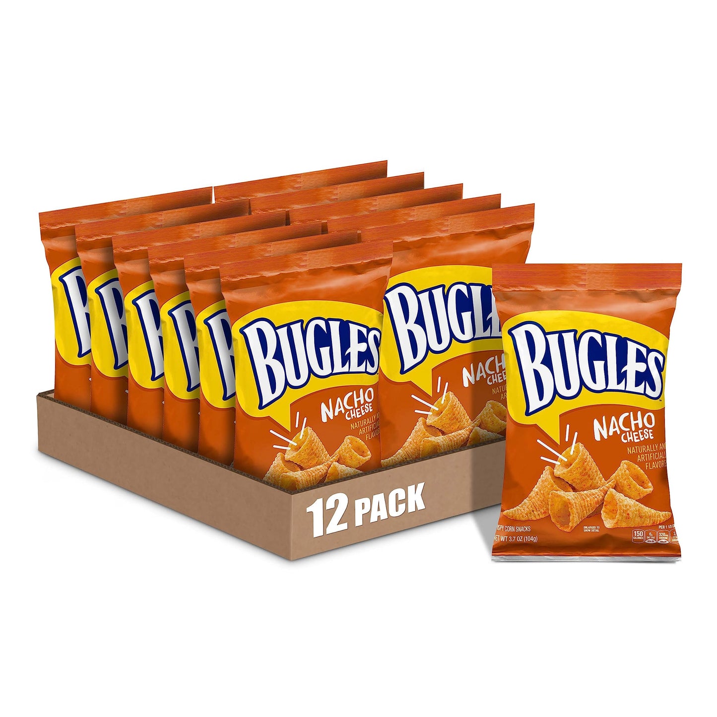 Bugles Nacho Cheese Crispy Corn Snacks, 3.7 oz Bag (Pack of 12)