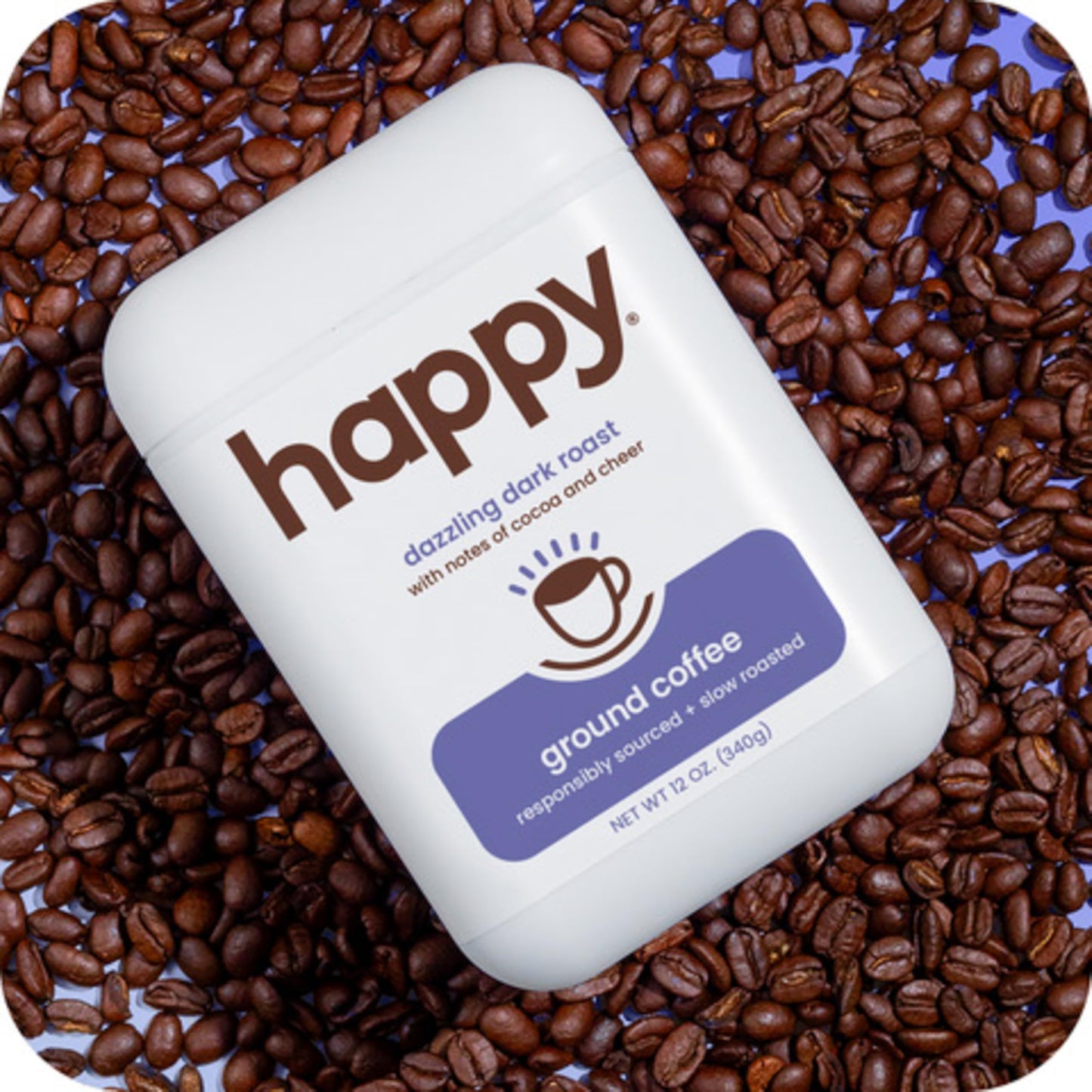 happy coffee dark roast ground coffee, 12 oz., notes of cocoa & cheer, recyclable container, grown & harvested in Brazil, Rwanda