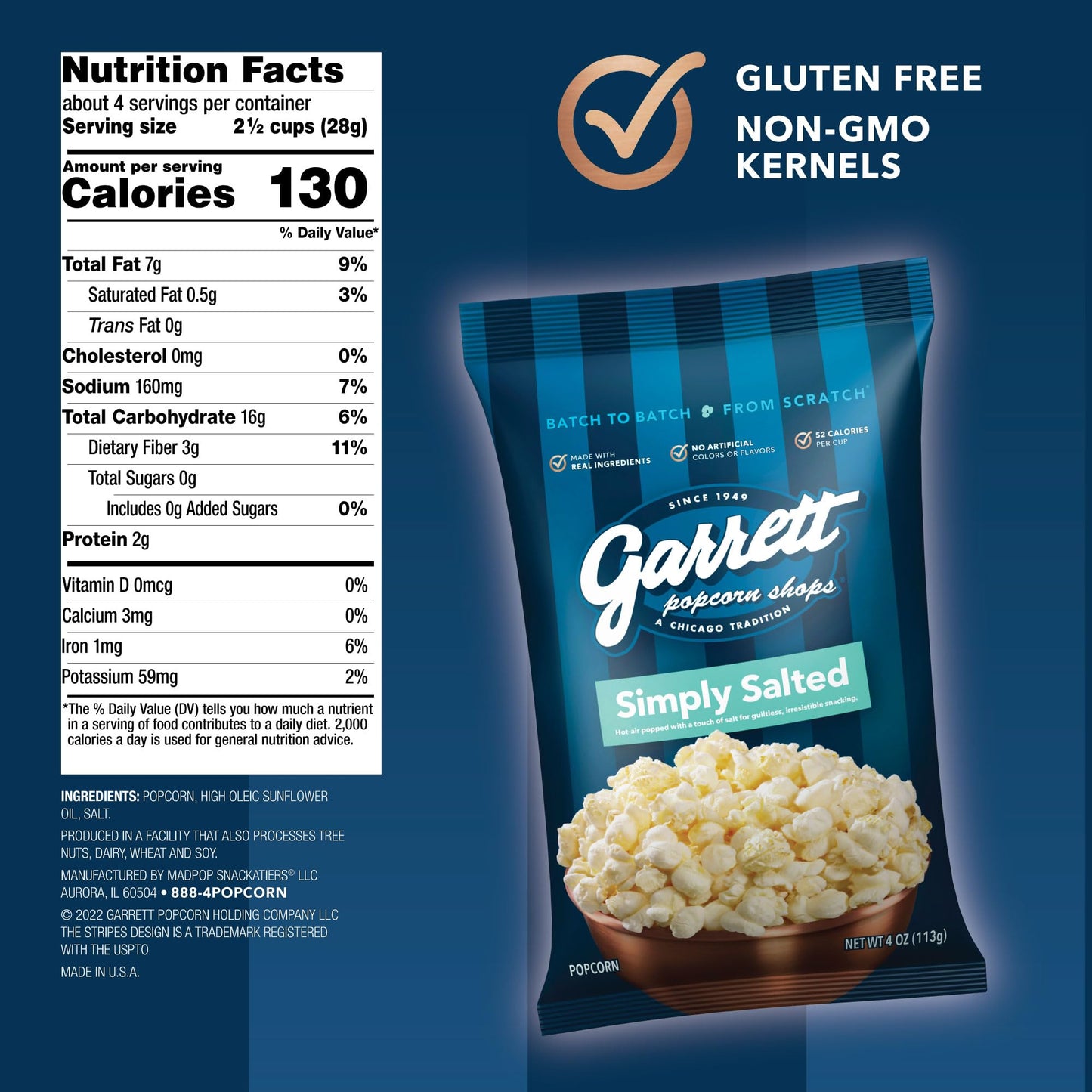 Garrett Popcorn Simply Salted Popped Popcorn, Vegan & Gluten Free, 4oz (Pack of 4)