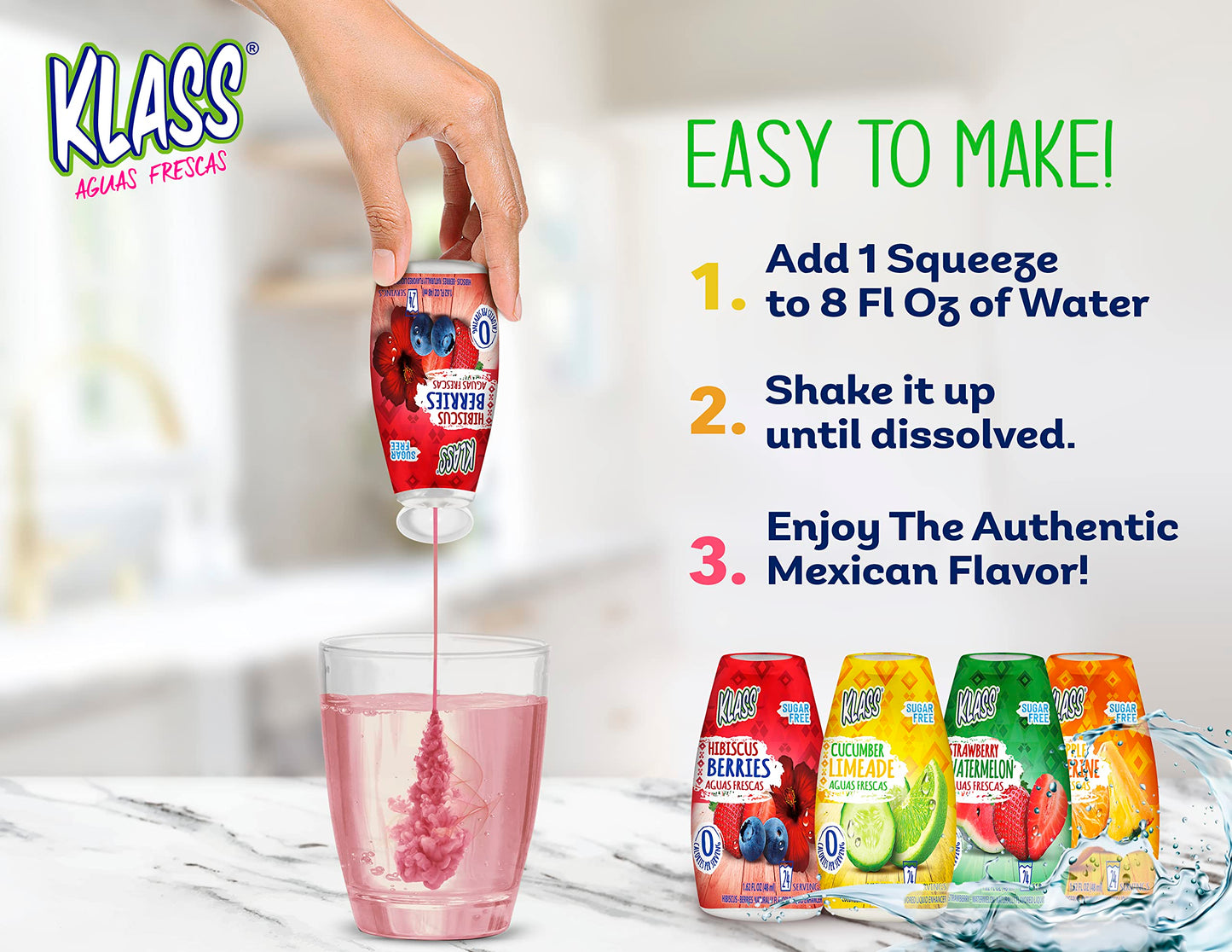 Klass Aguas Frescas Liquid Water Enhancer Sugar-Free Variety Pack, Cucumber Limeade, Strawberry Watermelon, Hibiscus Berries & Pineapple Tangerine, 1.62 Fl Oz, (Pack Of 4 Makes 24 Servings Each)