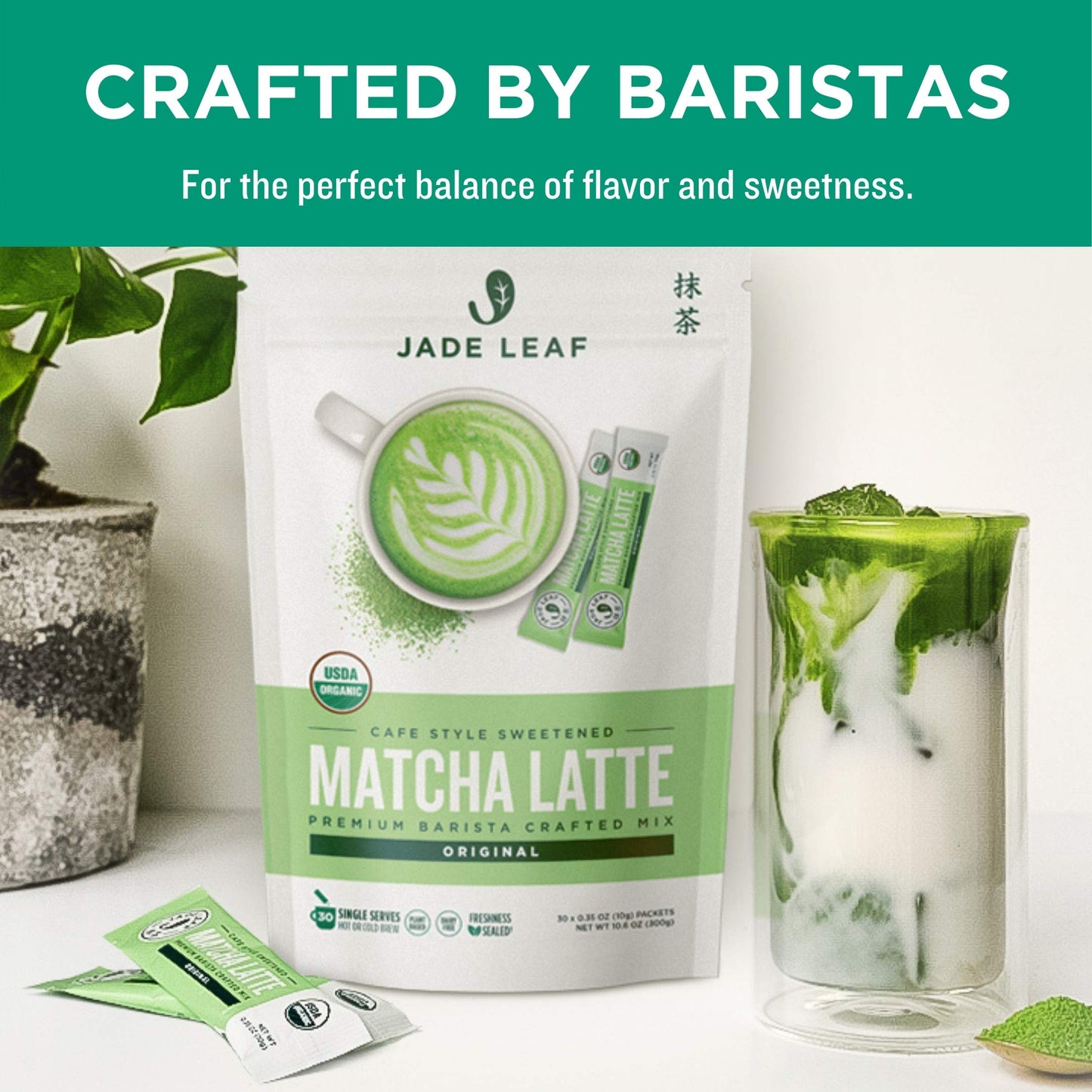Jade Leaf Matcha Organic Sweetened Matcha Latte Mix - 10 Single Serve Sticks - 0.35 Ounce Total - Powder