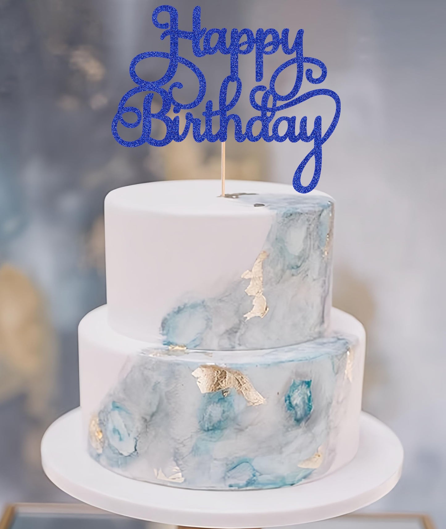 EONNCNT Happy Birthday Cake Topper - Royal Blue Glitter - 6.3x8.2 inches - Paper Decoration for Birthday and Anniversary Party