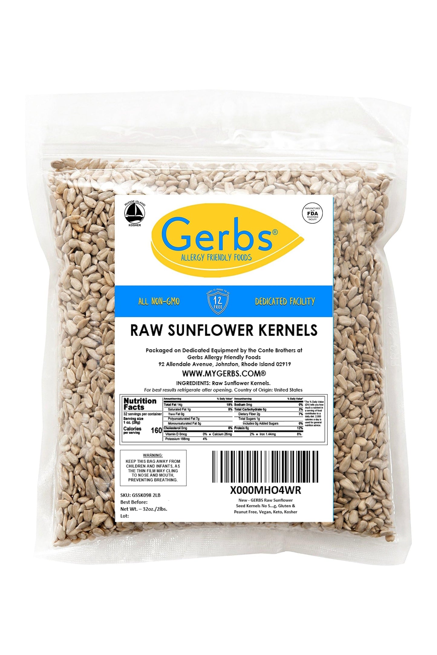 GERBS Raw Sunflower Seed Kernels, Non-GMO, Vegan, Kosher, 2 LBS, Allergen-Free, USA Made