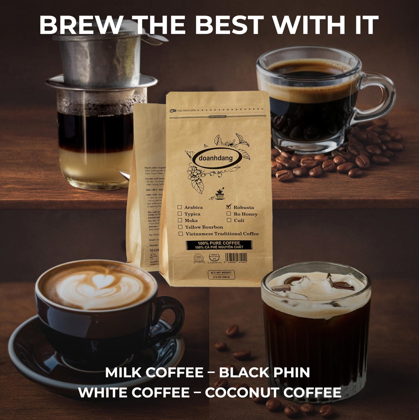 Doanhdang - 17.6 Oz Enhanced Robusta Whole Bean Coffee, 100% Robusta Medium Roast, Rich Flavor For Espresso Shot And Brew, Origin From Vietnam, Whole Med Roast Beans
