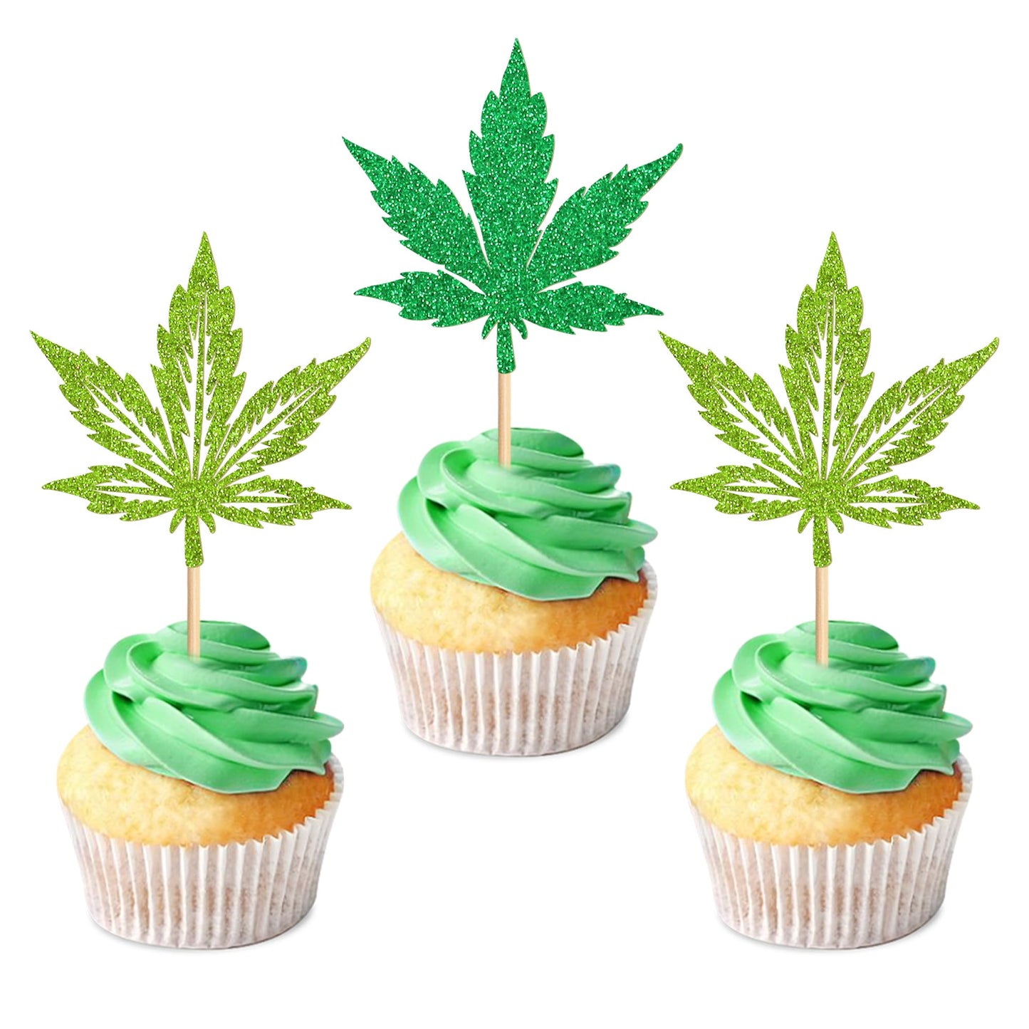 Ercadio 24 Pcs Green Glitter Cupcake Toppers for Birthday Cake Decorations, Party Supplies