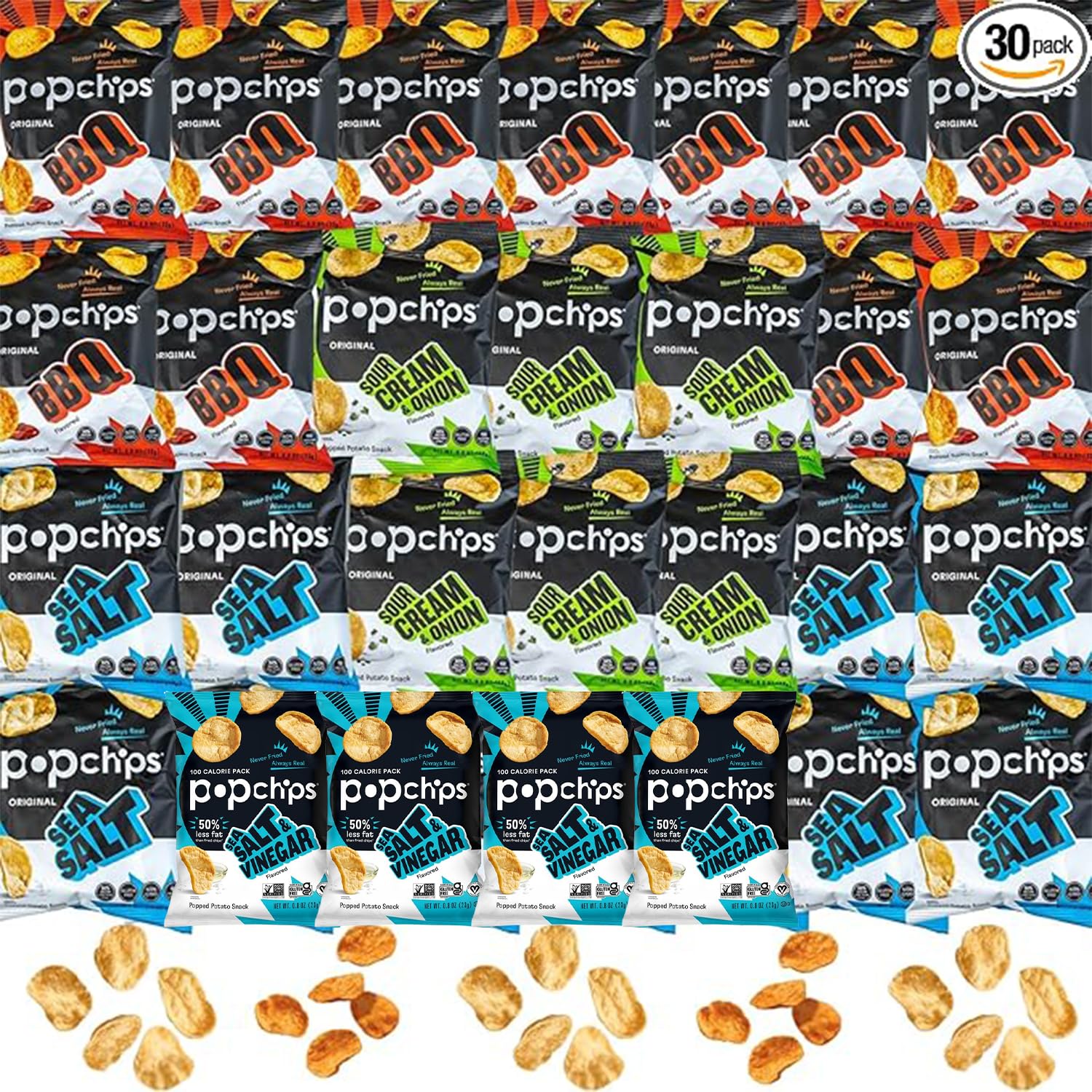 Pop n Chips Variety Pack, Sea Salt, BBQ, Sea Salt & Vinegar, Sour Cream & Onion, 0.8 Oz. Bags 30 Count Packaged By Doomi Perfect