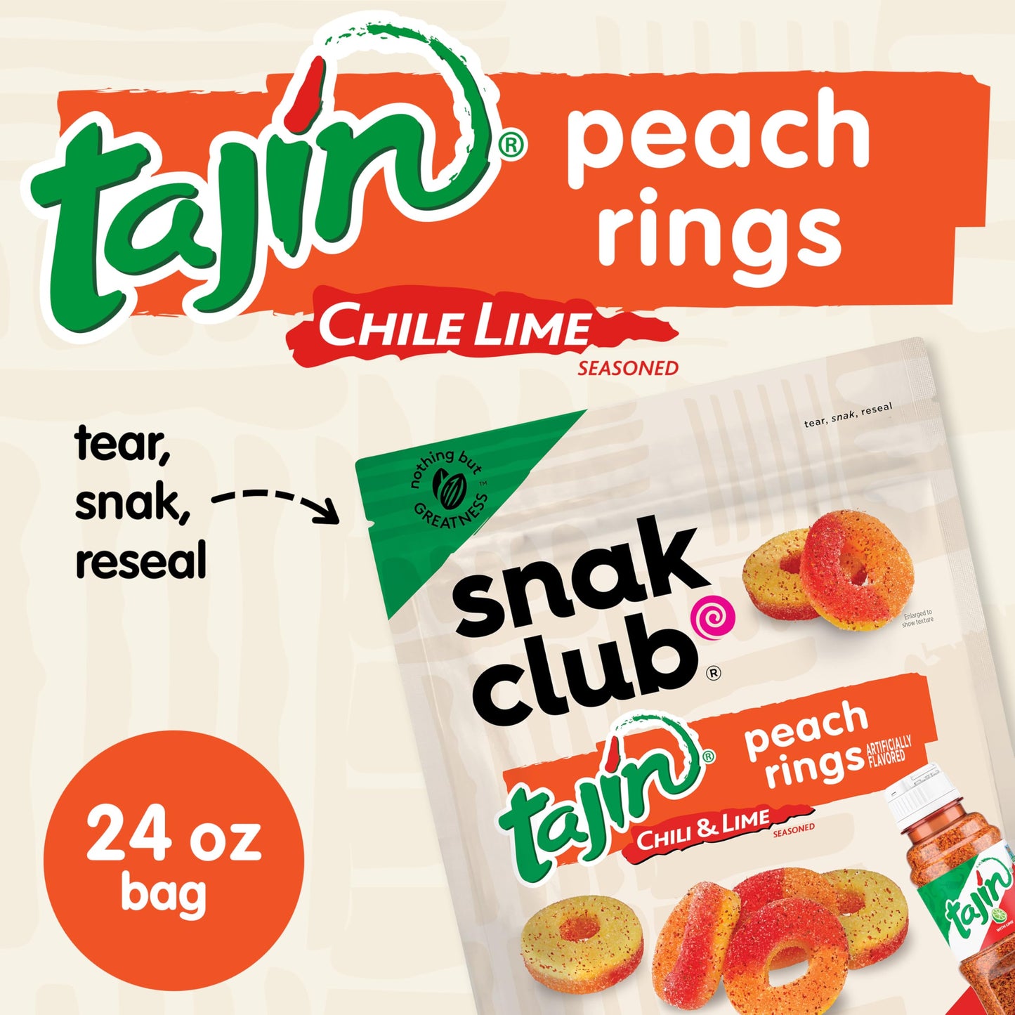 Snak Club Tajin Peach Rings Gummy Candy  Fruit Candy Gummies with Chili and Lime Seasoning  Mild  Gluten-Free and Vegan Snacks  24 oz Resealable Bag