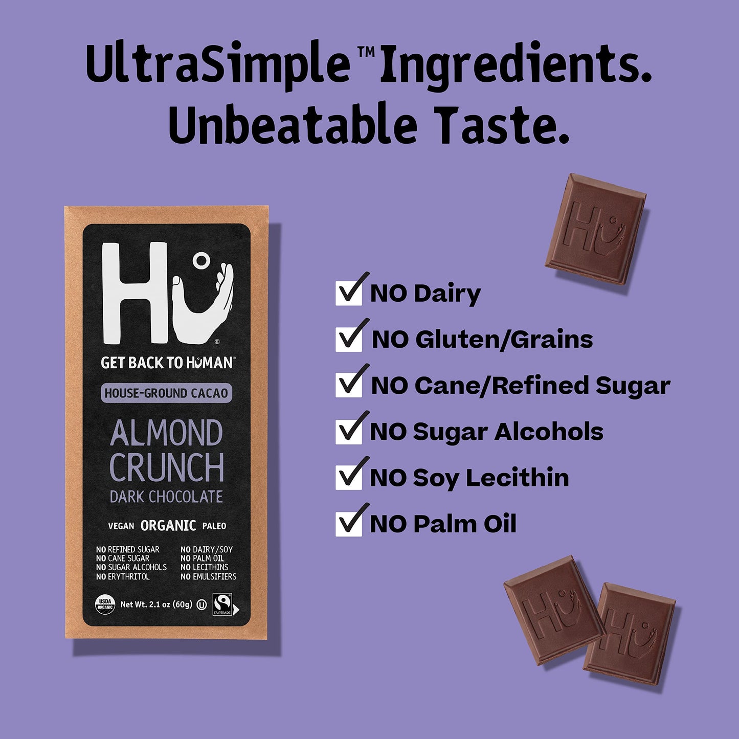 Hu Chocolate Bars | 12 Pack Almond Crunch Chocolate | Natural Organic Vegan, Gluten Free, Paleo, Non Gmo, Fair Trade Dark Chocol