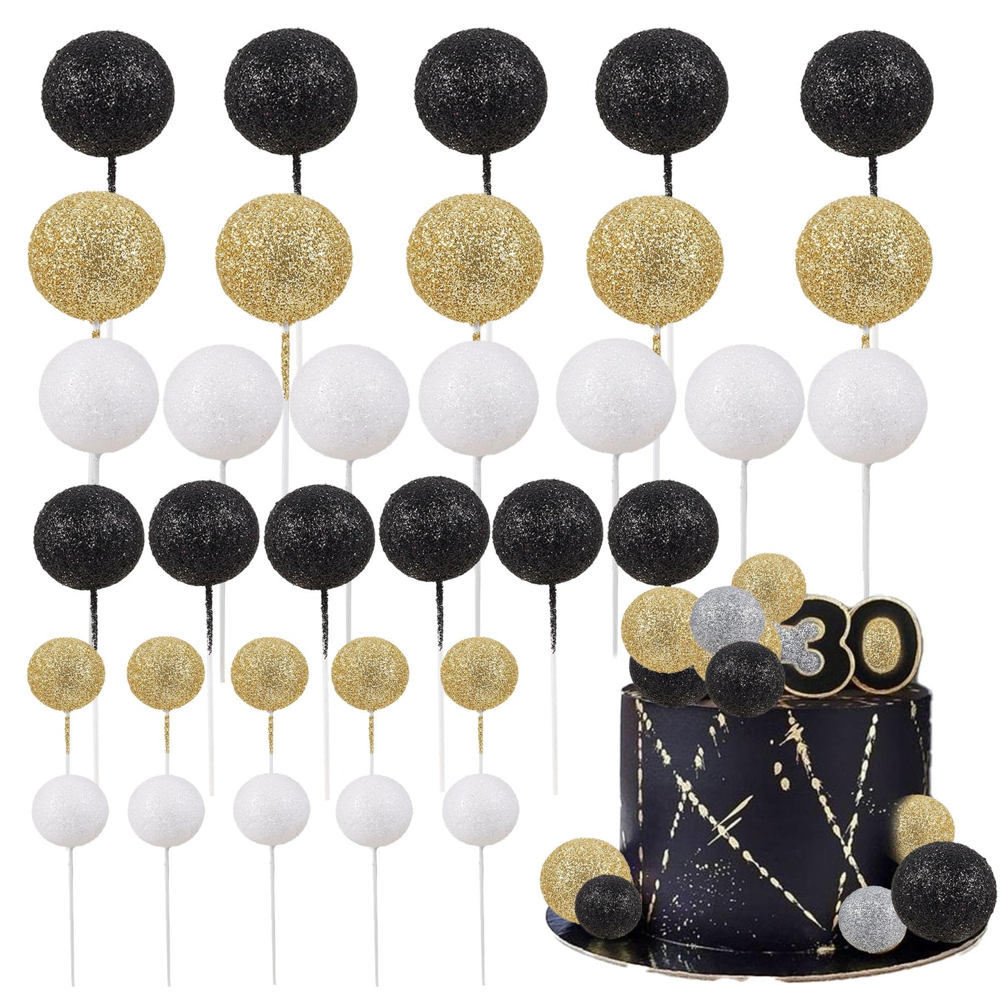 30Pcs Glitter Balls Cake Topper Mini Balloons Cupcake Topper Diy Cake Insert Topper Foam Cake Balls Baking Decoration For Baby S