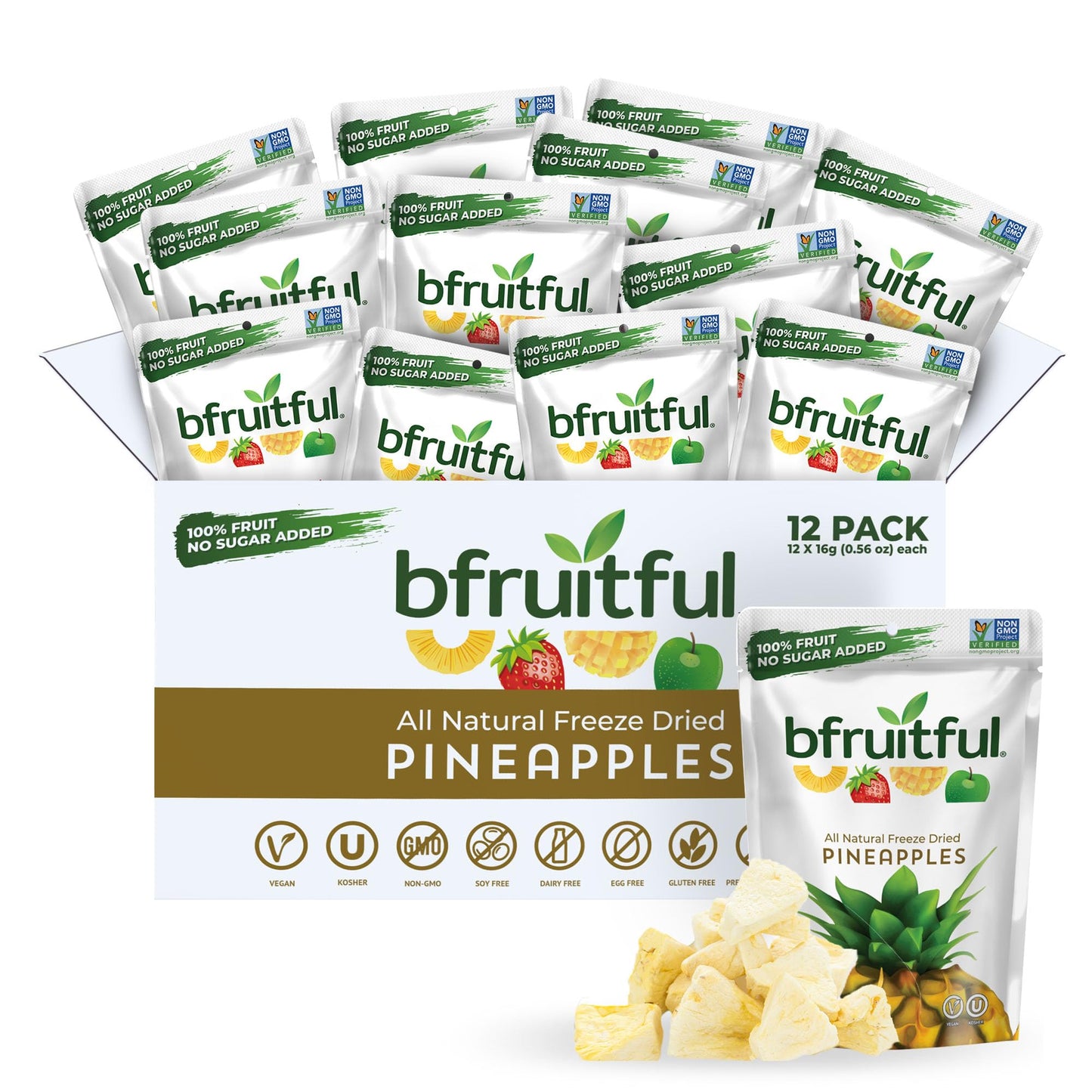 bfruitful Freeze-Dried Pineapple Bites, Gluten Free, Vegan, 12-Pack, 0.56 oz Single-Serve Snack Packets