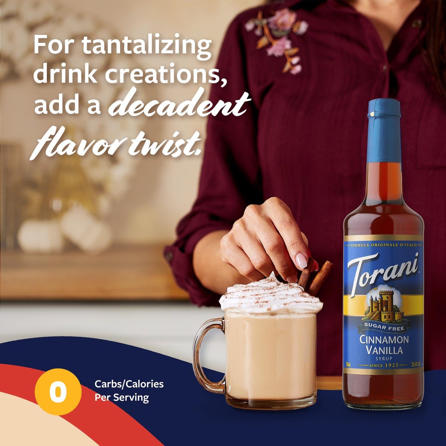 Torani Sugar Free Coffee Syrup, Cinnamon Vanilla, 25.4 Fl Oz, Zero Calorie, Glass Bottle with Pump