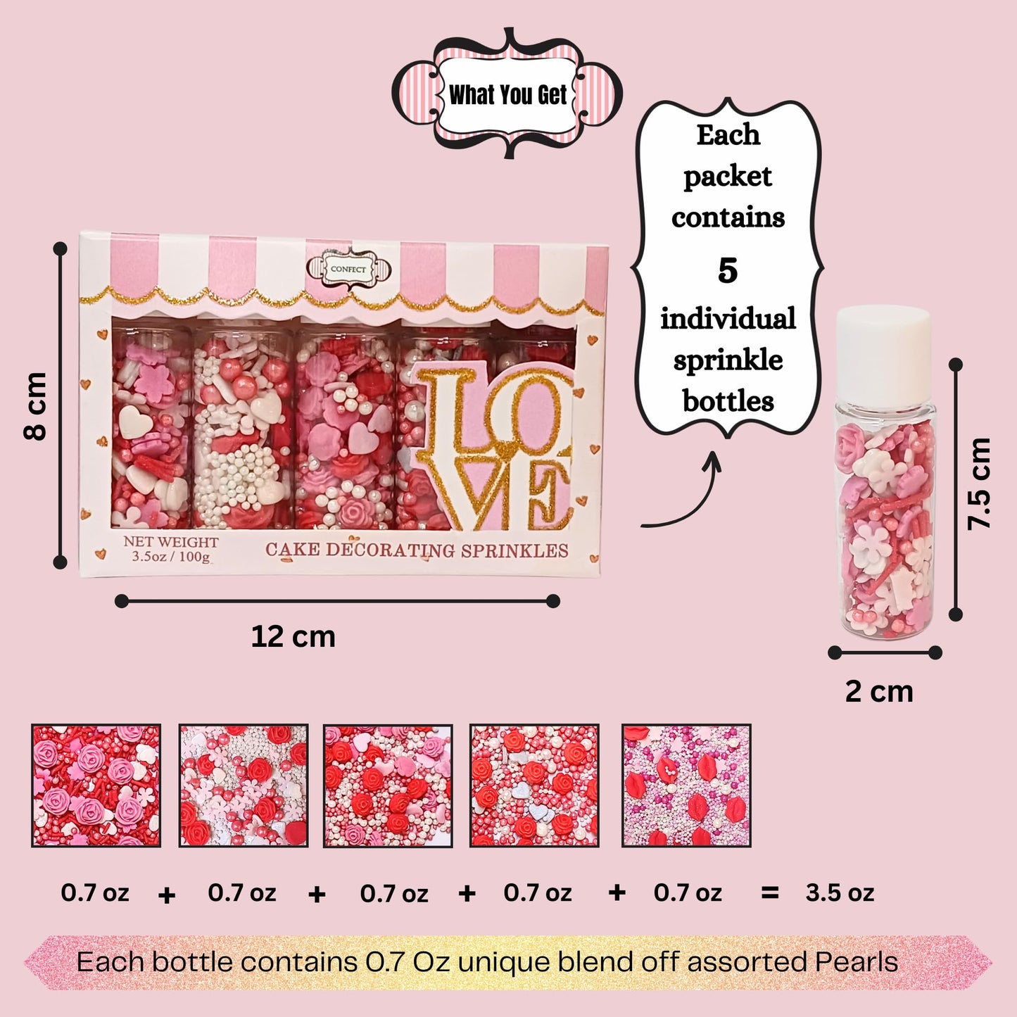 Confect Pink Mini Roses & Lips I Silver Hearts & Vermcelli And White Pearls | Sprinkles For Baking & Cake Decorative | Baby Show