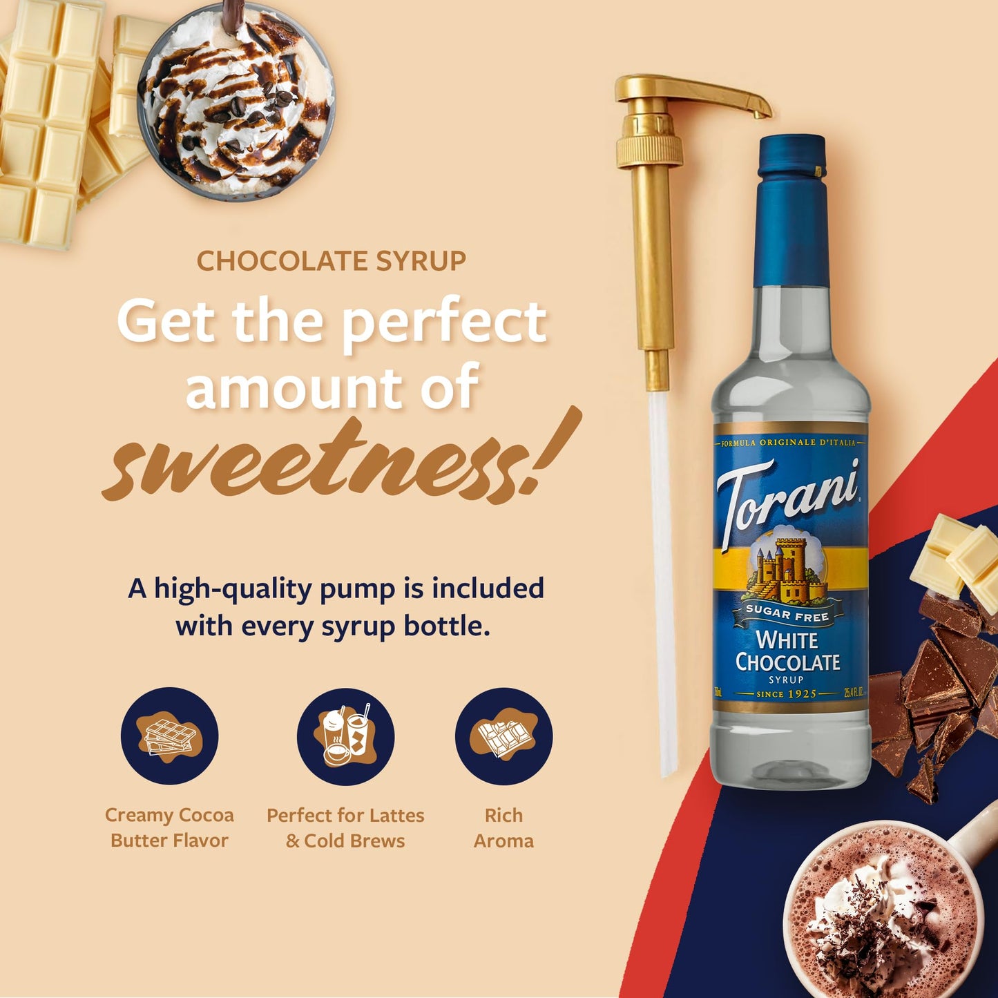 Torani Sugar Free Coffee Syrup  White Chocolate Flavored Syrup for Drinks  Zero Calorie  Pump Included  25.4 Fl Oz