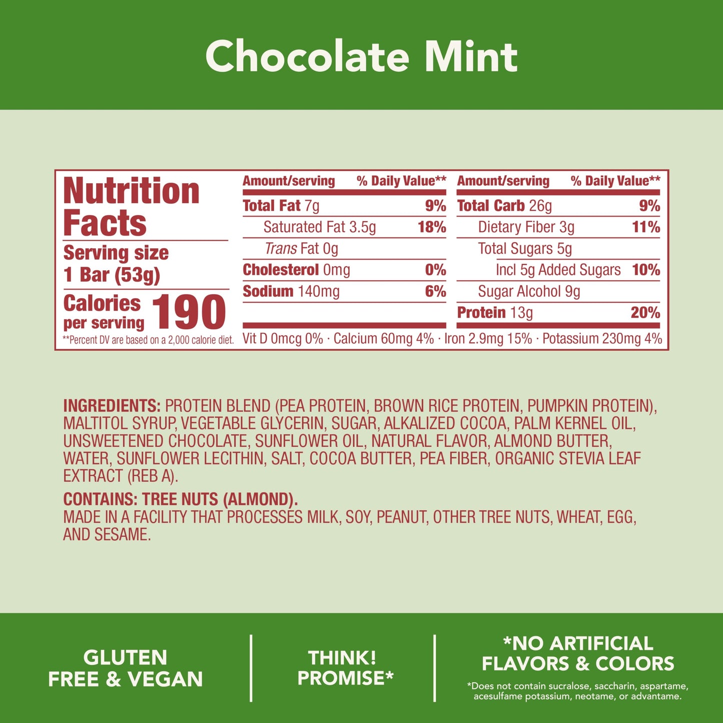 think! Vegan/Plant Based High Protein Bars - Chocolate Mint, 13g Protein, 5g Sugar, No Artificial Sweeteners, Non GMO Project Ve