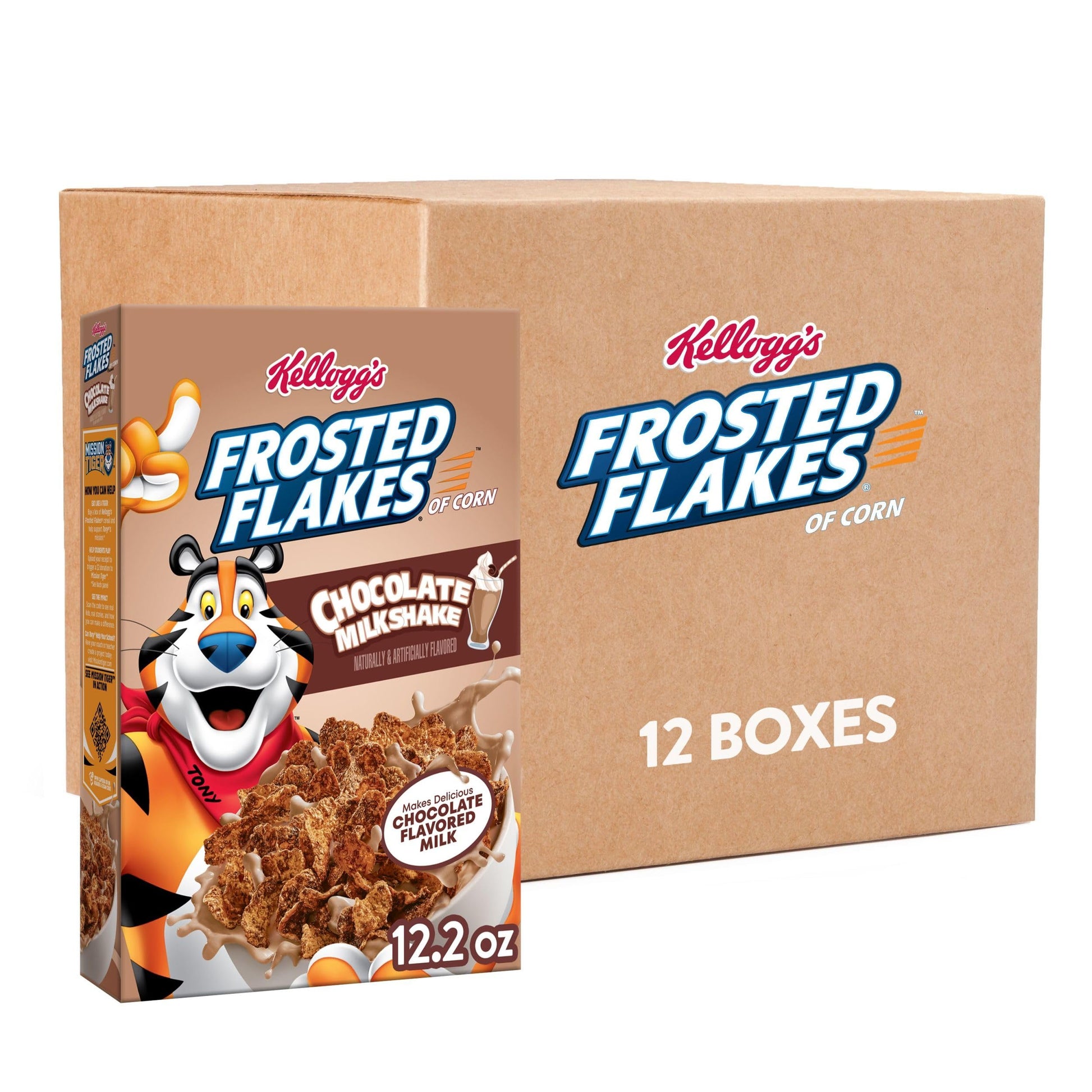 Kelloggs Frosted Flakes Breakfast Cereal, Kids Cereal, Family Breakfast, Chocolate Milkshake (12 Boxes)